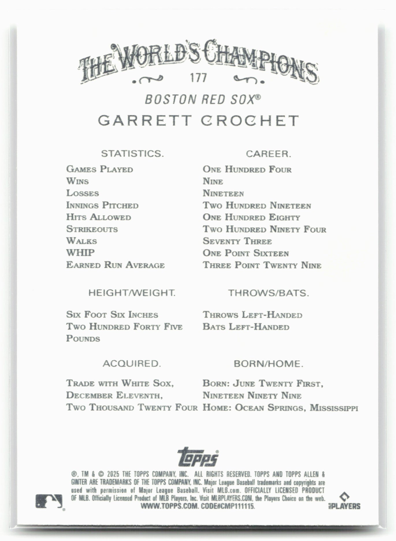2025 Topps Allen & Ginter #177 Garrett Crochet