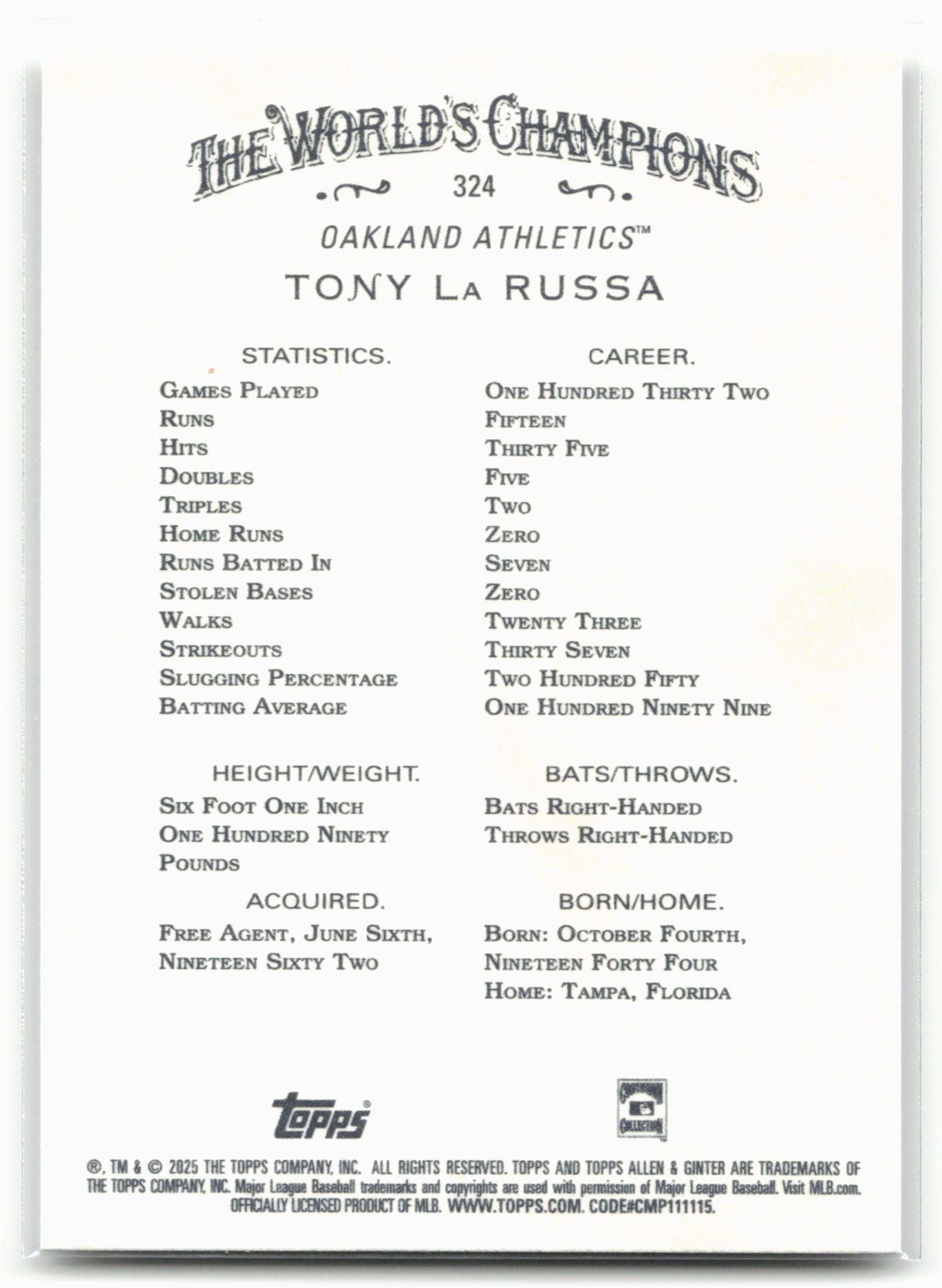2025 Topps Allen & Ginter #324 Tony La Russa