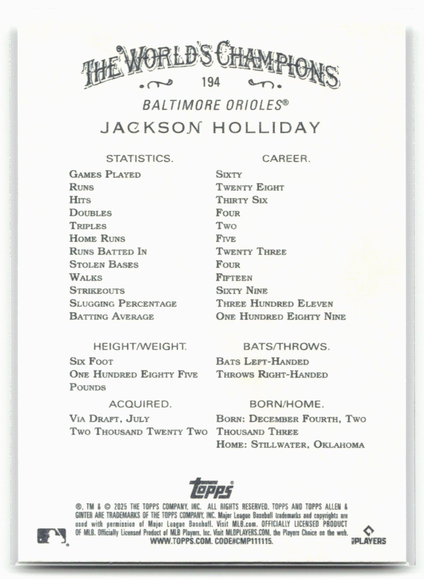 2025 Topps Allen & Ginter #194 Jackson Holliday