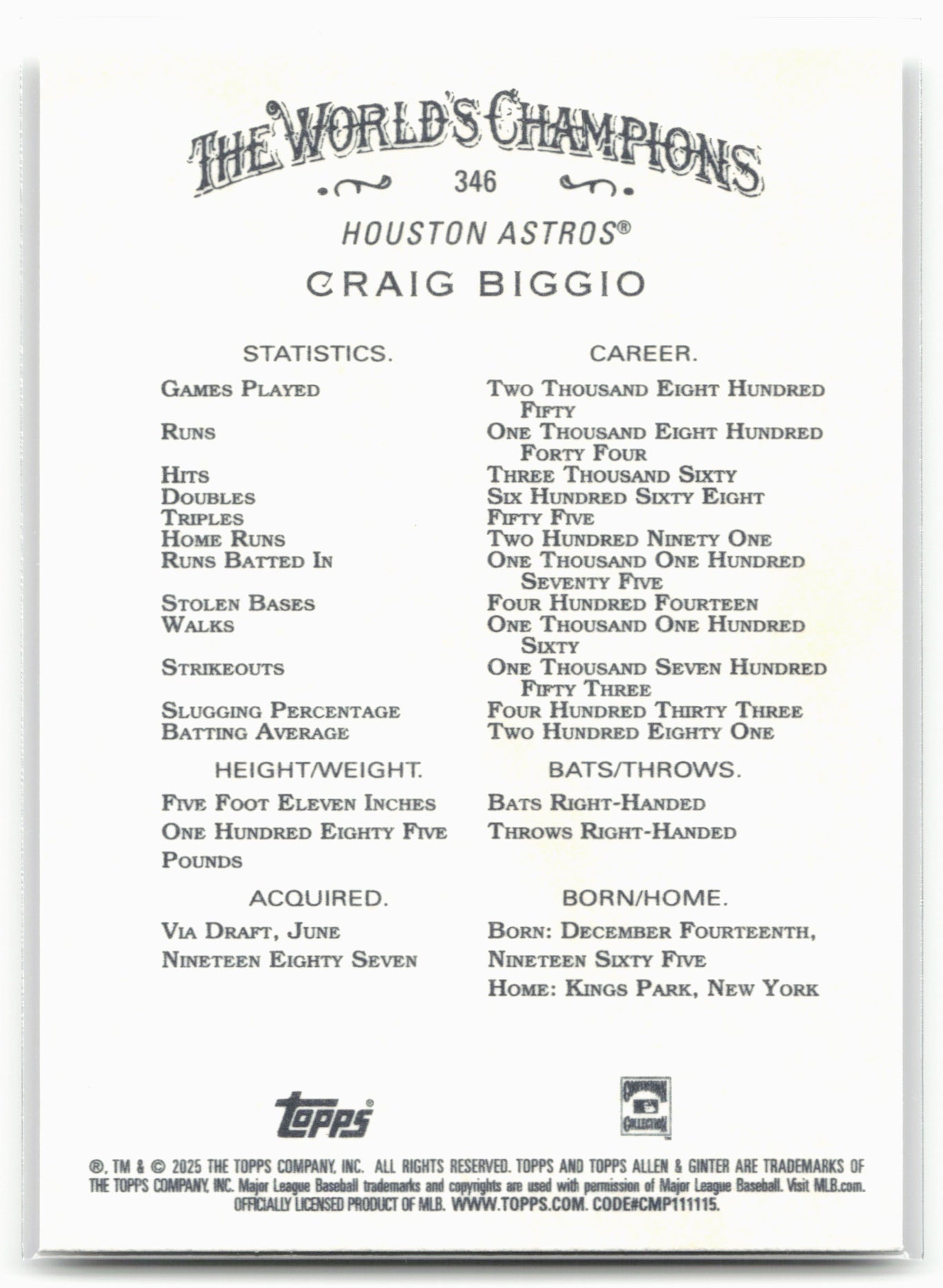 2025 Topps Allen & Ginter #346 Craig Biggio