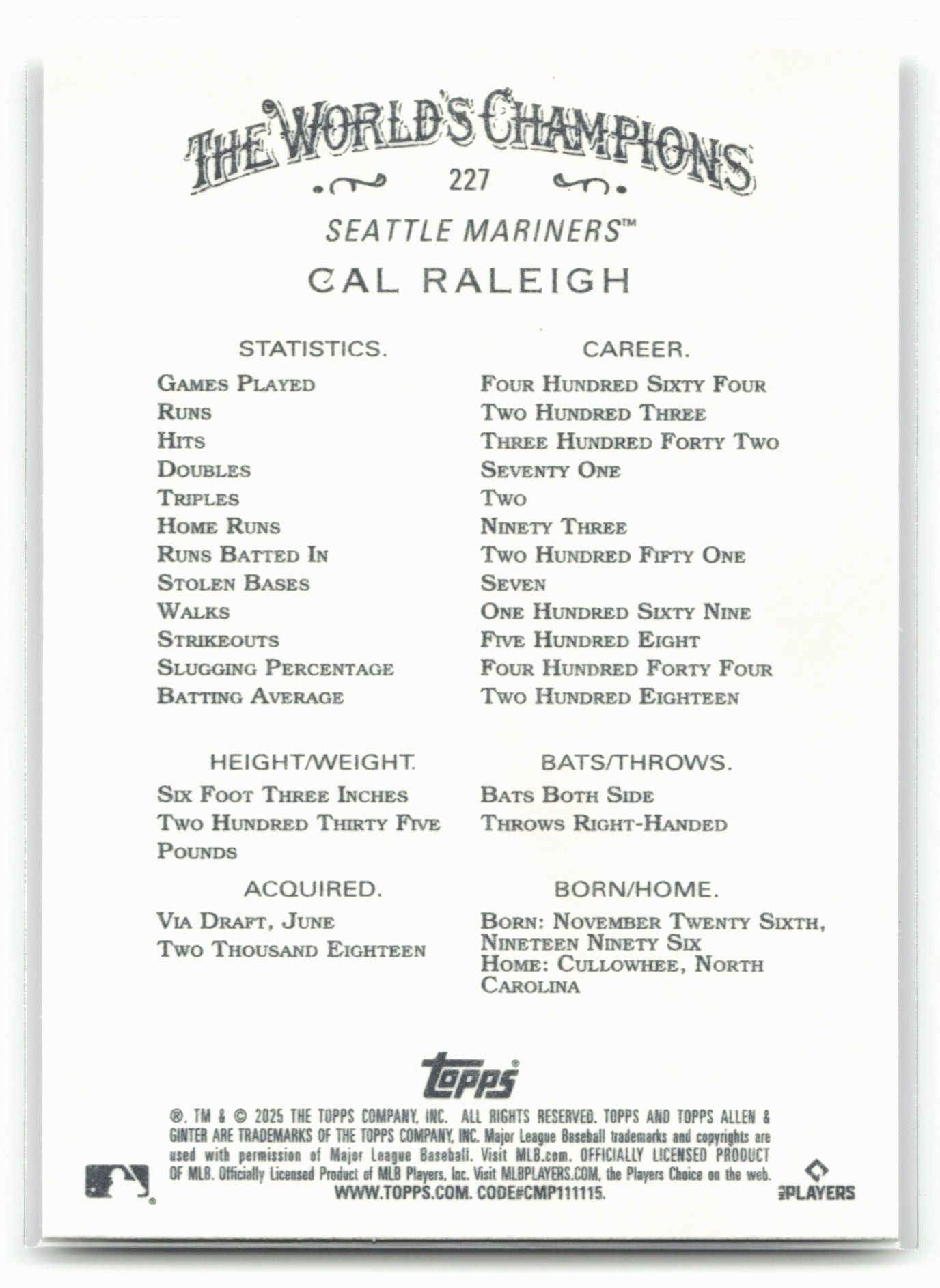 2025 Topps Allen & Ginter #227 Cal Raleigh