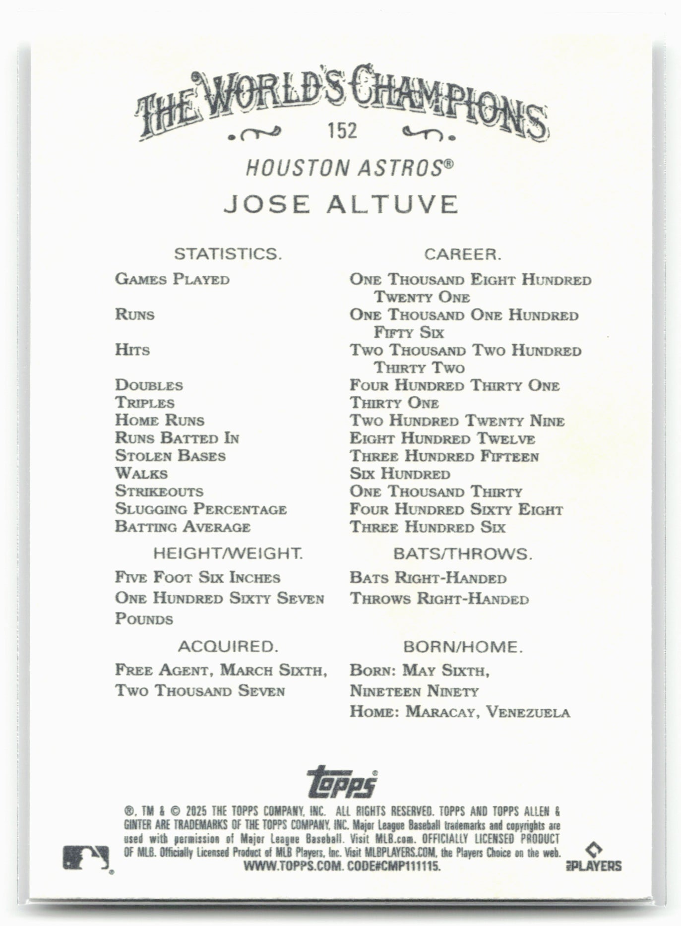 2025 Topps Allen & Ginter #152 Jose Altuve