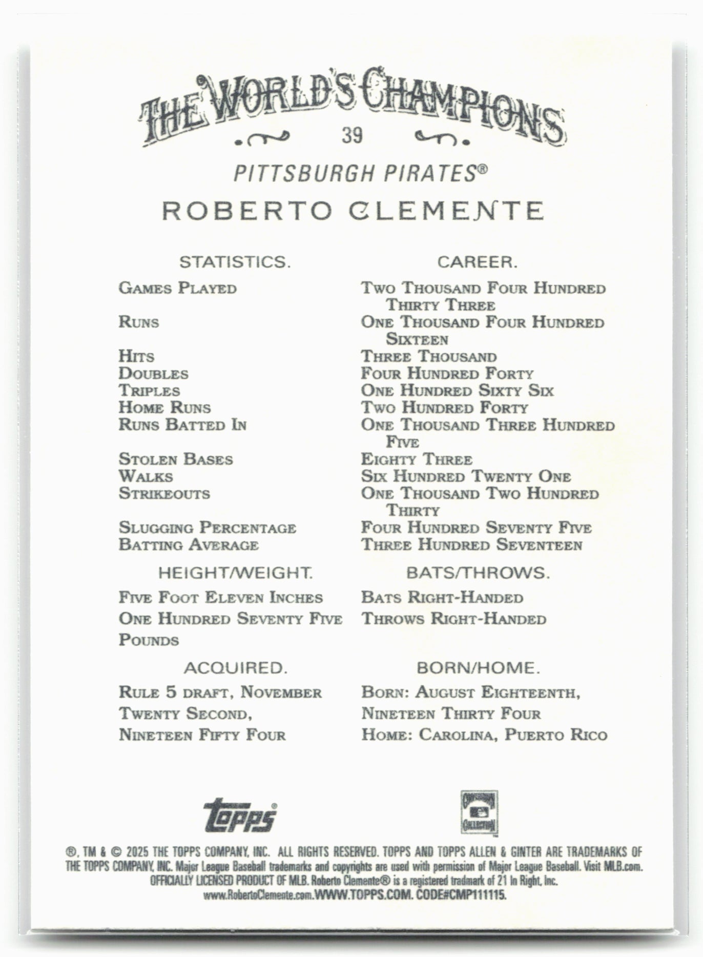 2025 Topps Allen & Ginter #39 Roberto Clemente