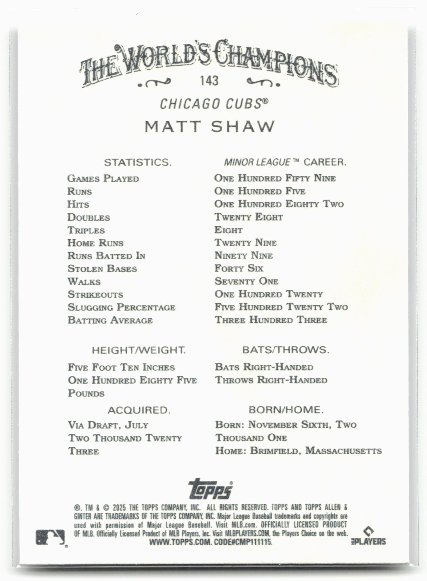 2025 Topps Allen & Ginter #143 Matt Shaw