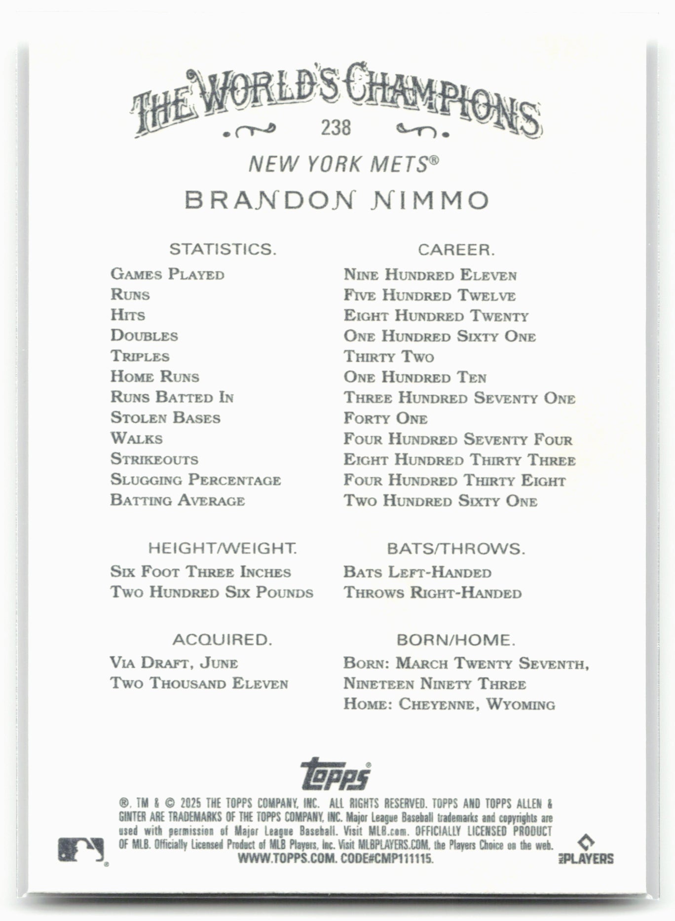 2025 Topps Allen & Ginter #238 Brandon Nimmo