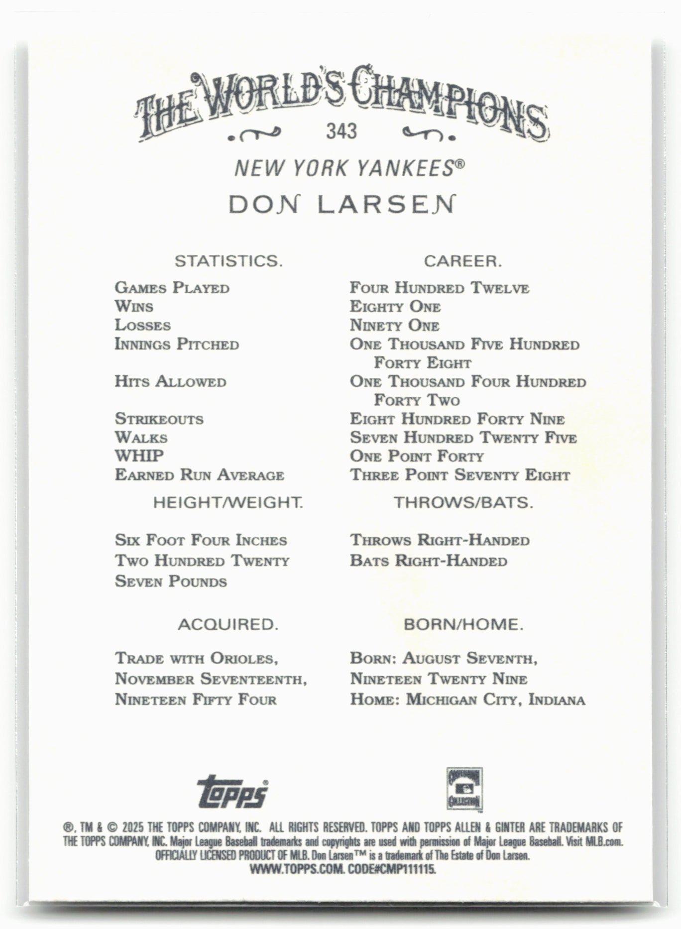 2025 Topps Allen & Ginter #343 Don Larsen