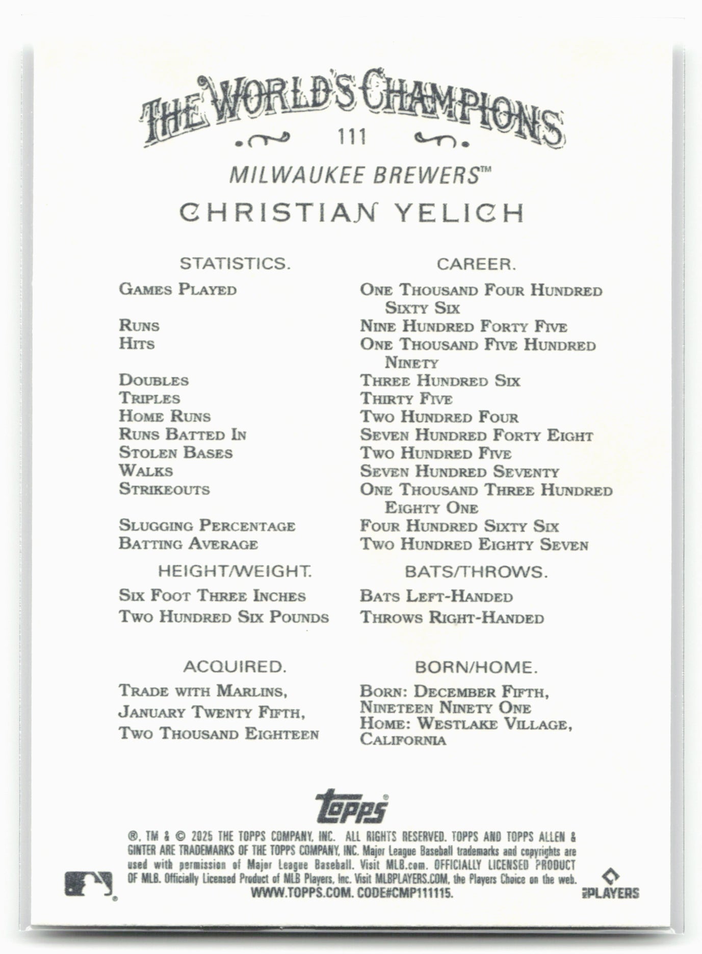 2025 Topps Allen & Ginter #111 Christian Yelich