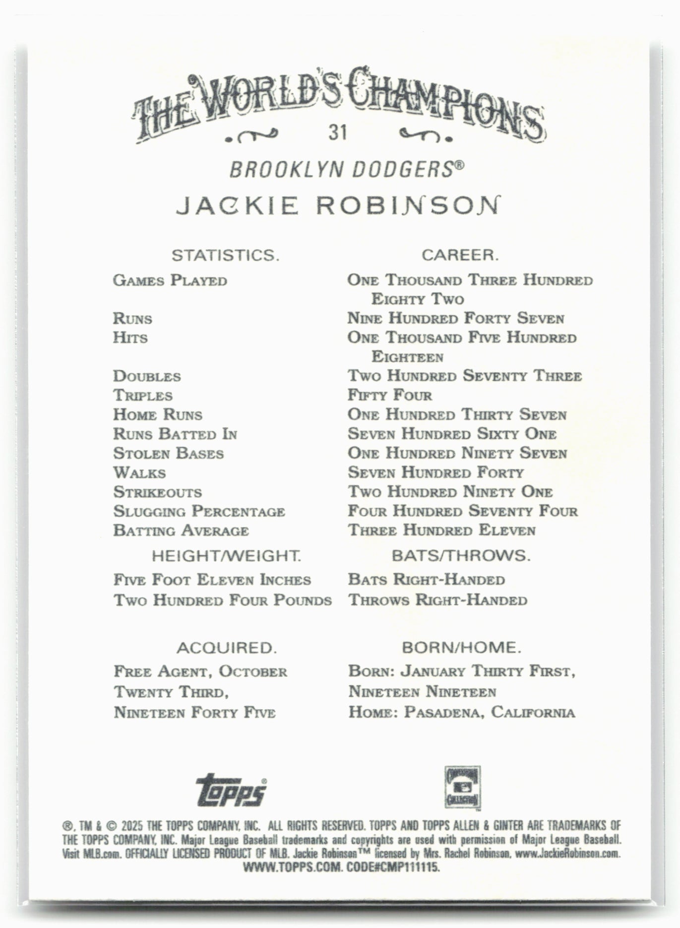2025 Topps Allen & Ginter #31 Jackie Robinson