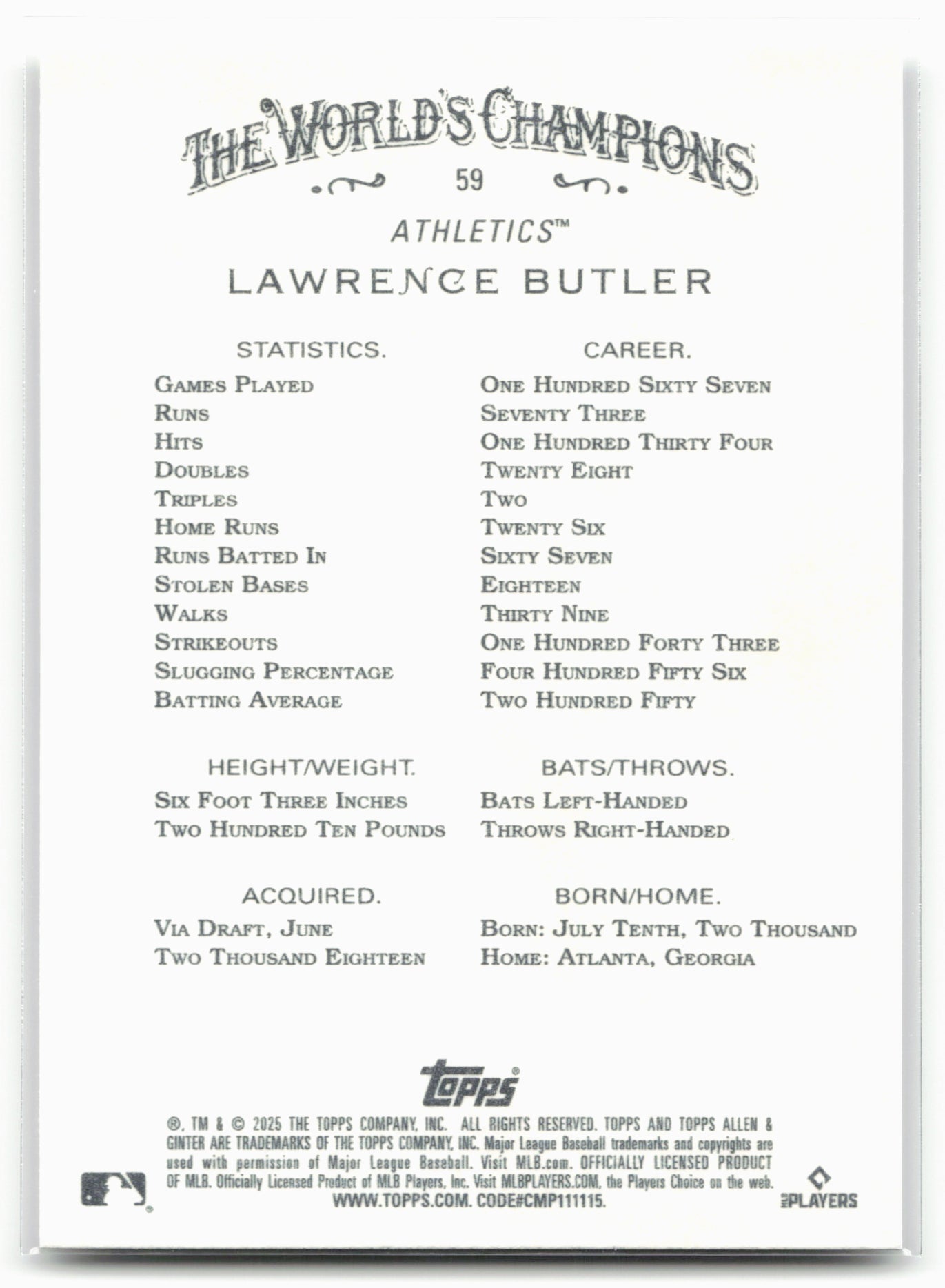 2025 Topps Allen & Ginter #59 Lawrence Butler