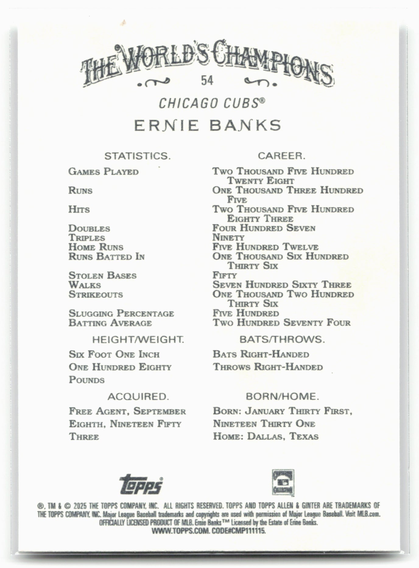 2025 Topps Allen & Ginter #54 Ernie Banks