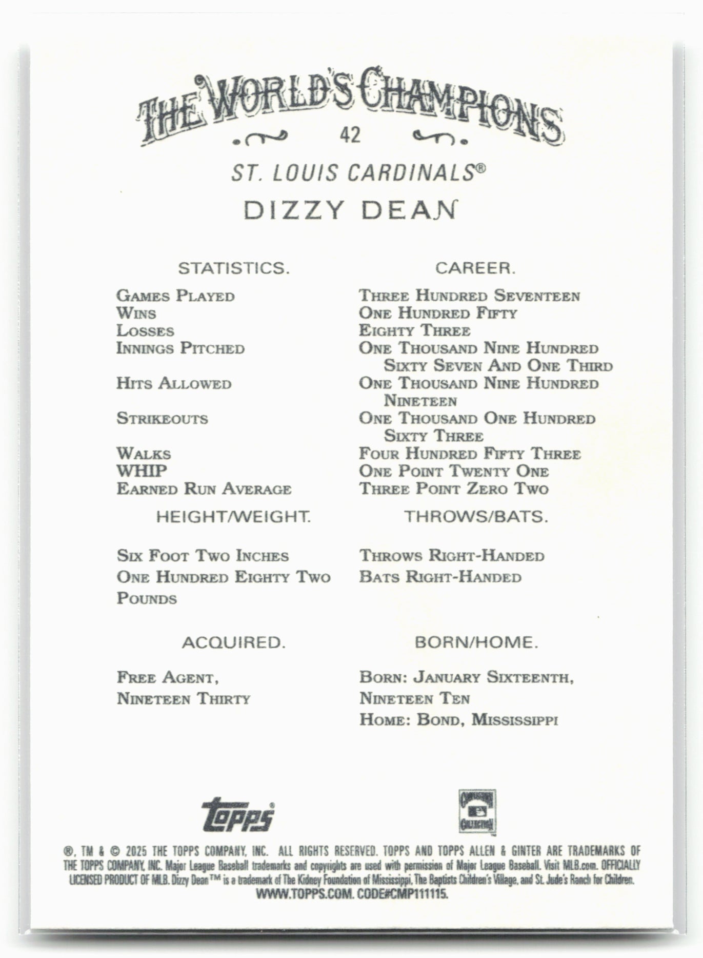 2025 Topps Allen & Ginter #42 Dizzy Dean