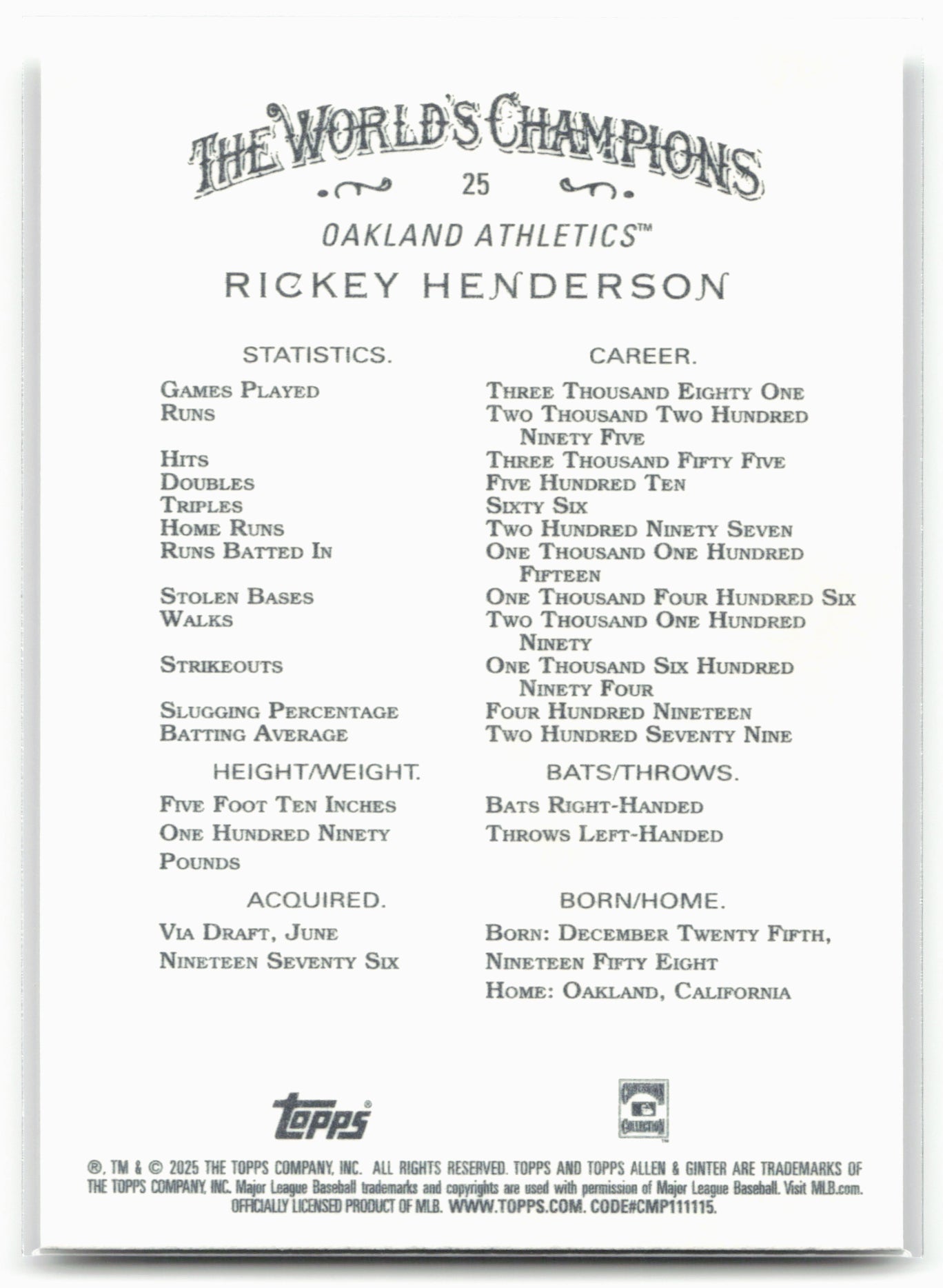 2025 Topps Allen & Ginter #25 Rickey Henderson