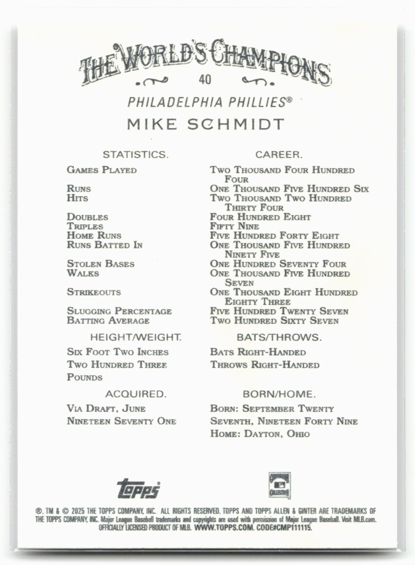 2025 Topps Allen & Ginter #40 Mike Schmidt