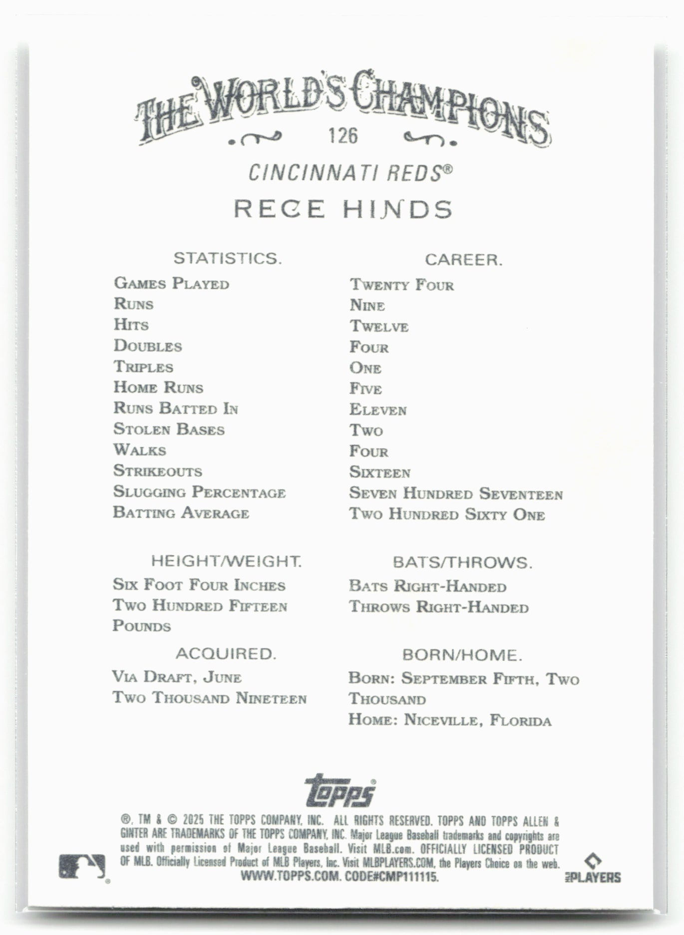 2025 Topps Allen & Ginter #126 Rece Hinds