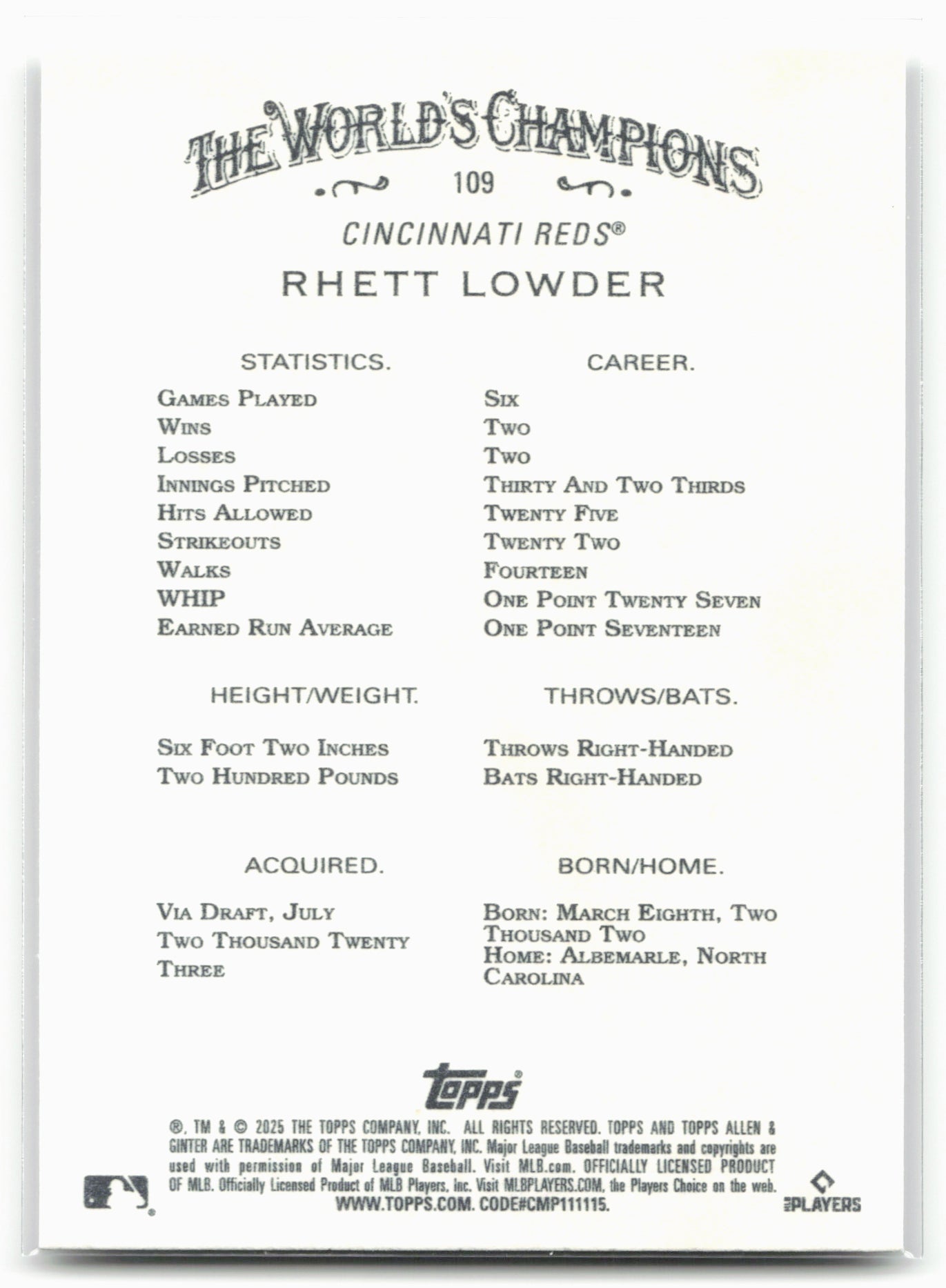 2025 Topps Allen & Ginter #109 Rhett Lowder