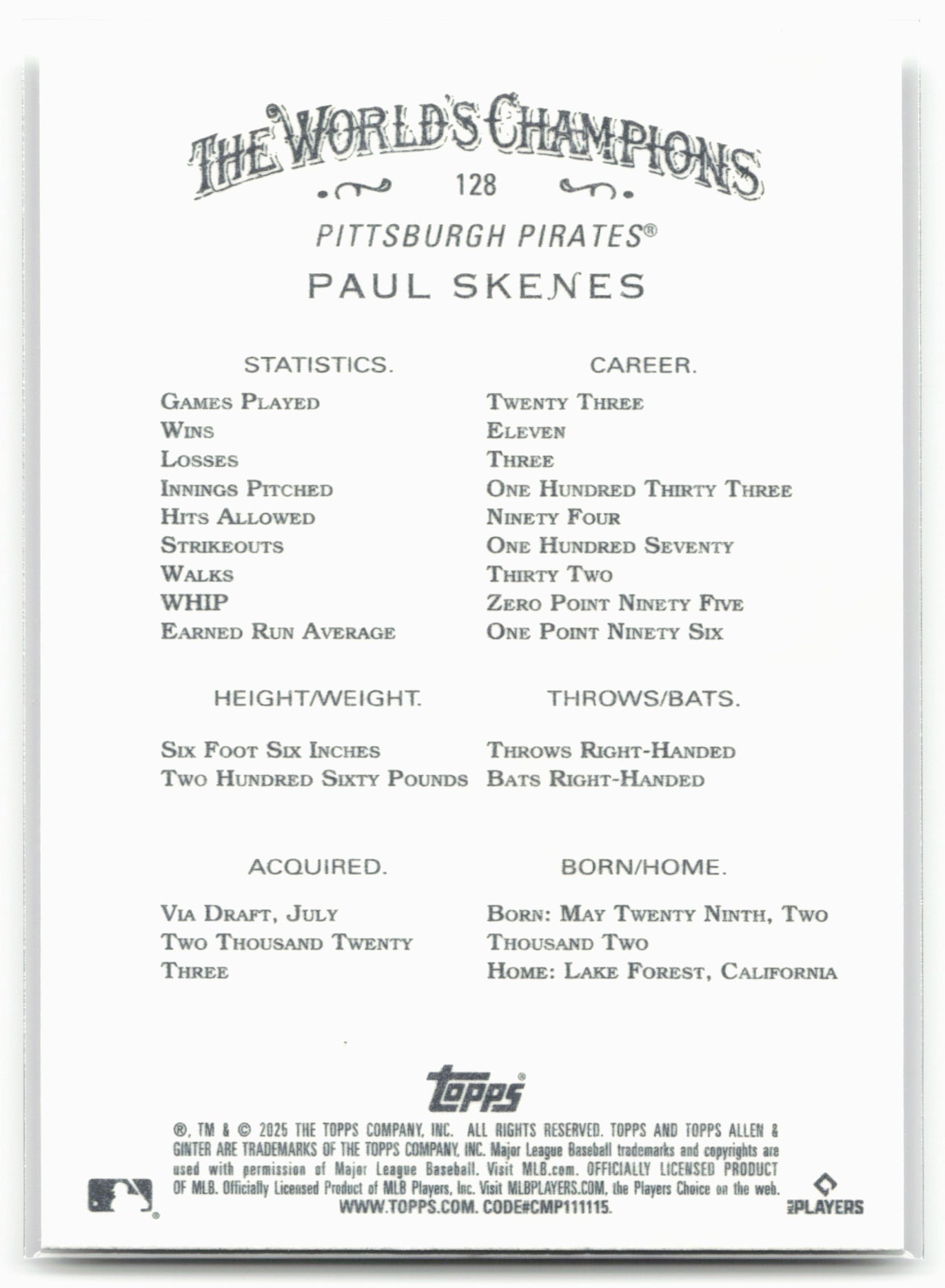 2025 Topps Allen & Ginter #128 Paul Skenes