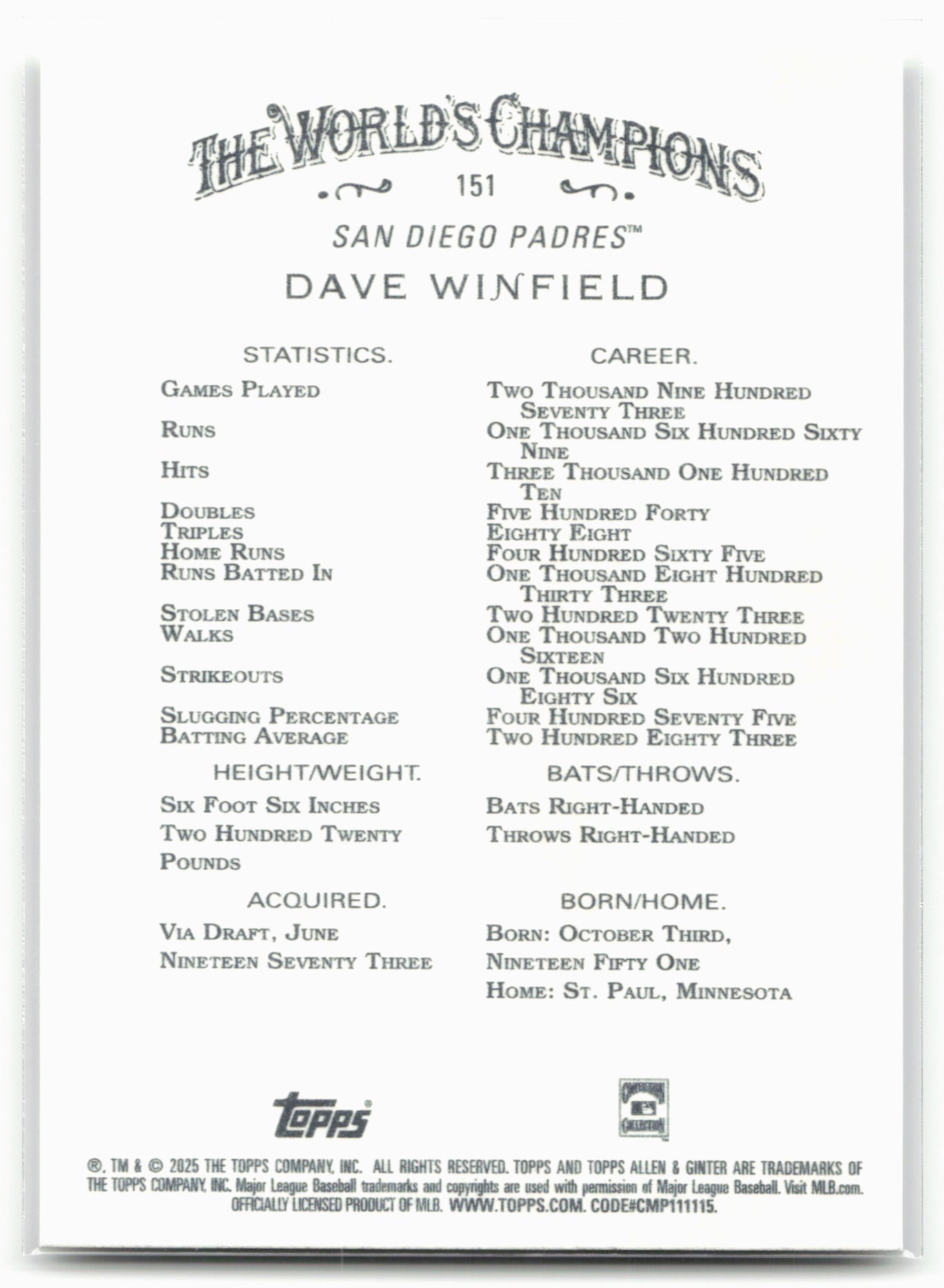 2025 Topps Allen & Ginter #151 Dave Winfield