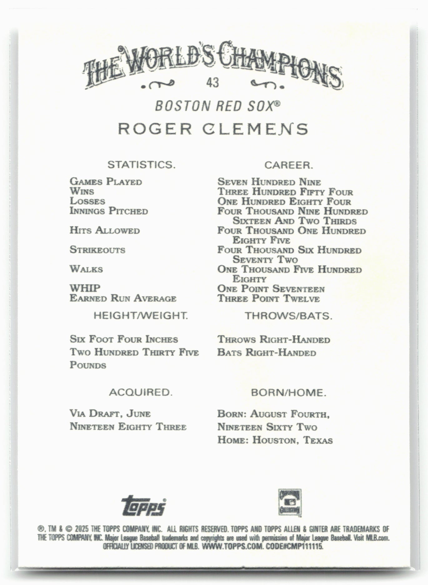 2025 Topps Allen & Ginter #43 Roger Clemens