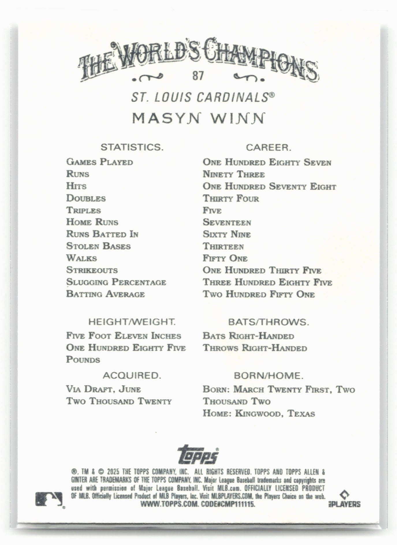 2025 Topps Allen & Ginter #87 Masyn Winn