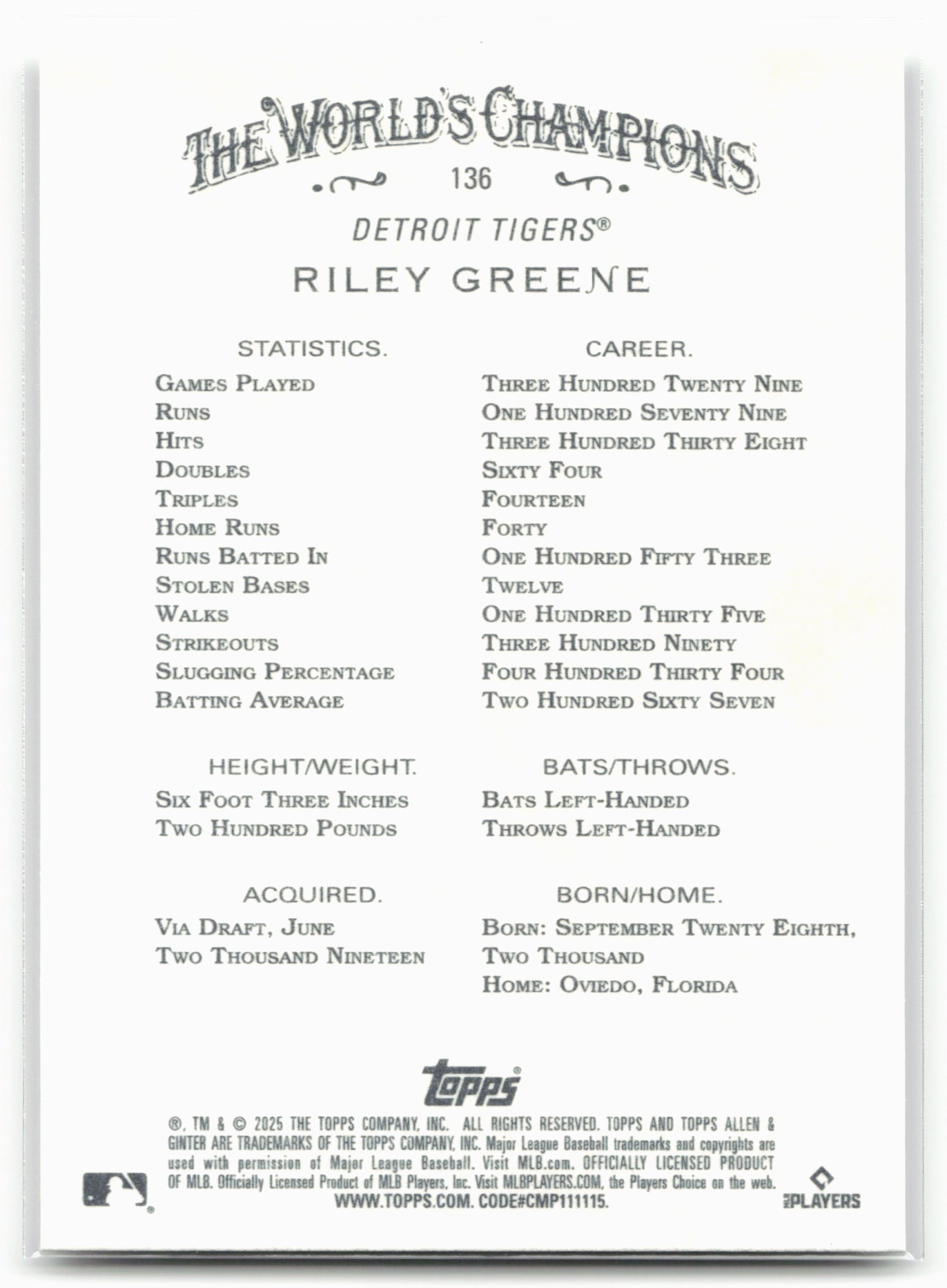 2025 Topps Allen & Ginter #136 Riley Greene