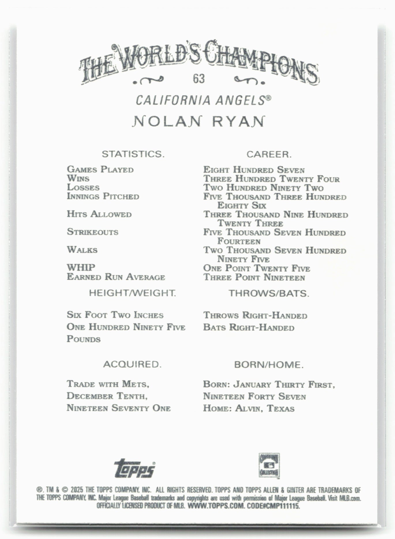 2025 Topps Allen & Ginter #63 Nolan Ryan
