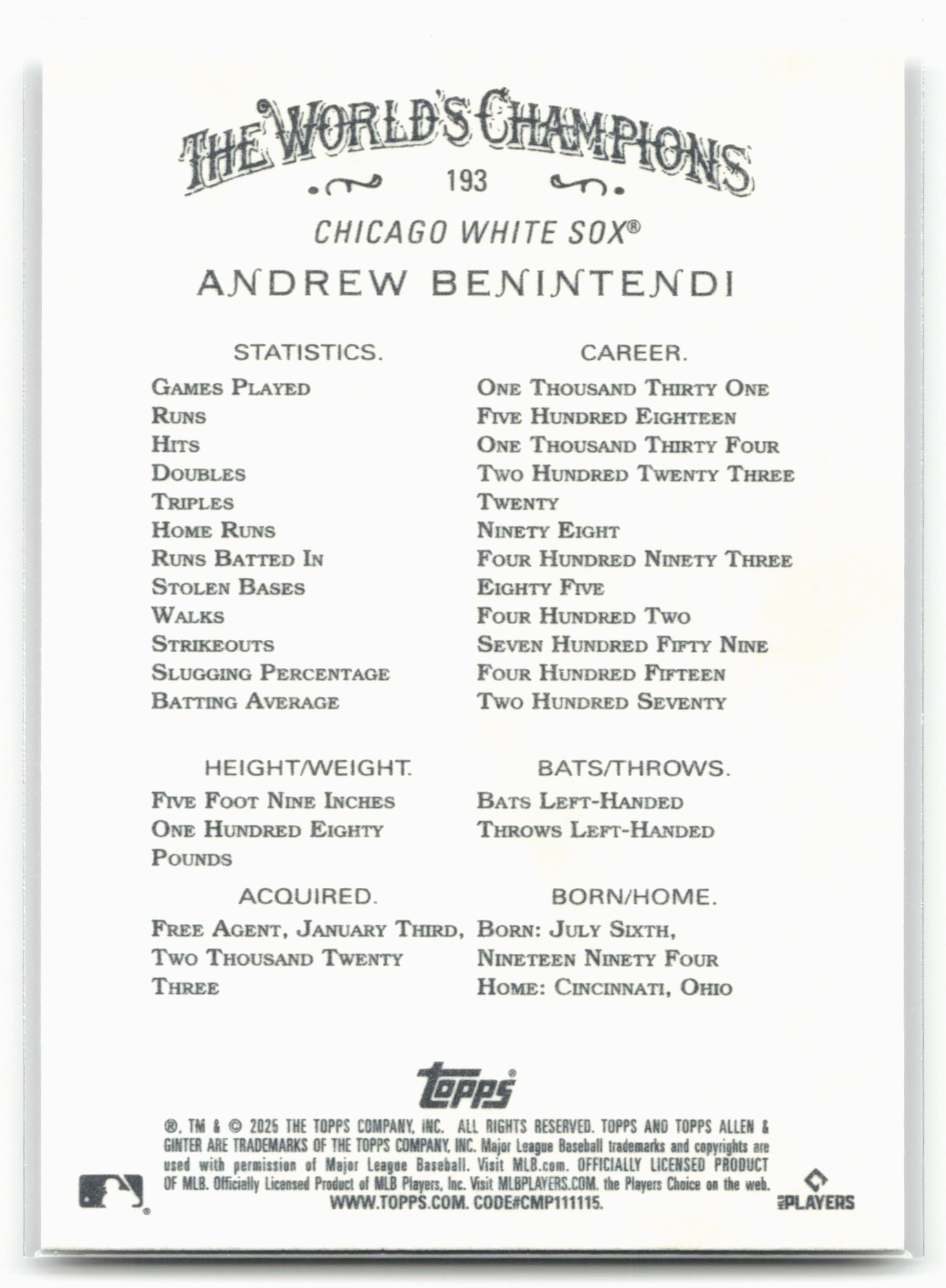 2025 Topps Allen & Ginter #193 Andrew Benintendi