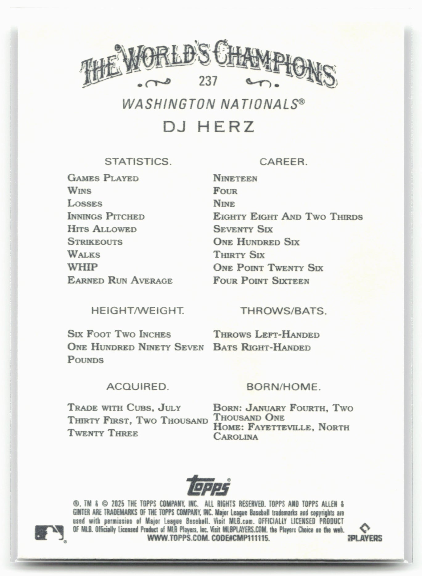 2025 Topps Allen & Ginter #237 DJ Herz