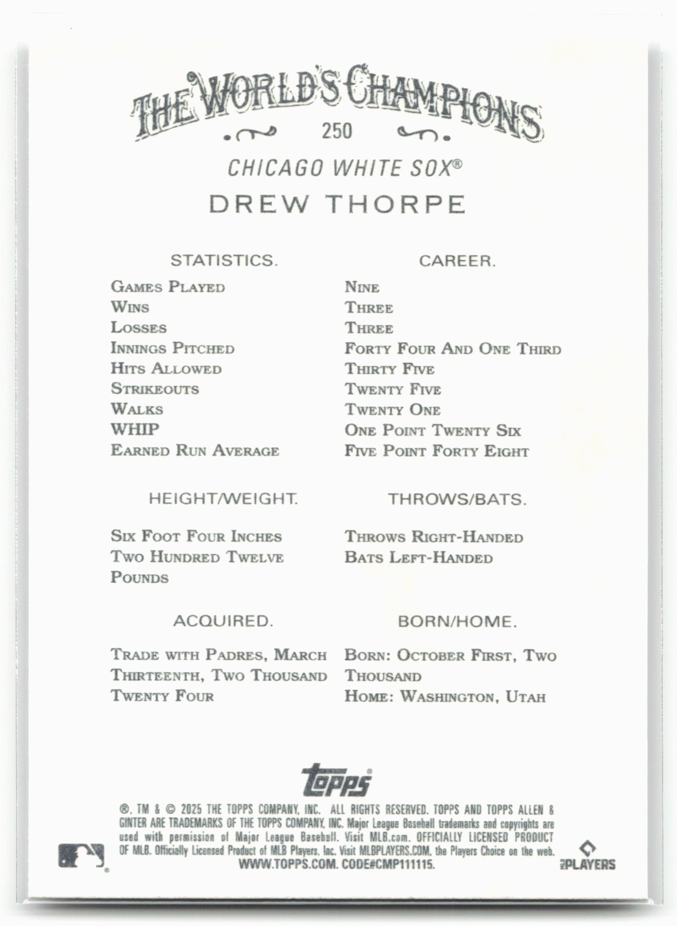2025 Topps Allen & Ginter #250 Drew Thorpe