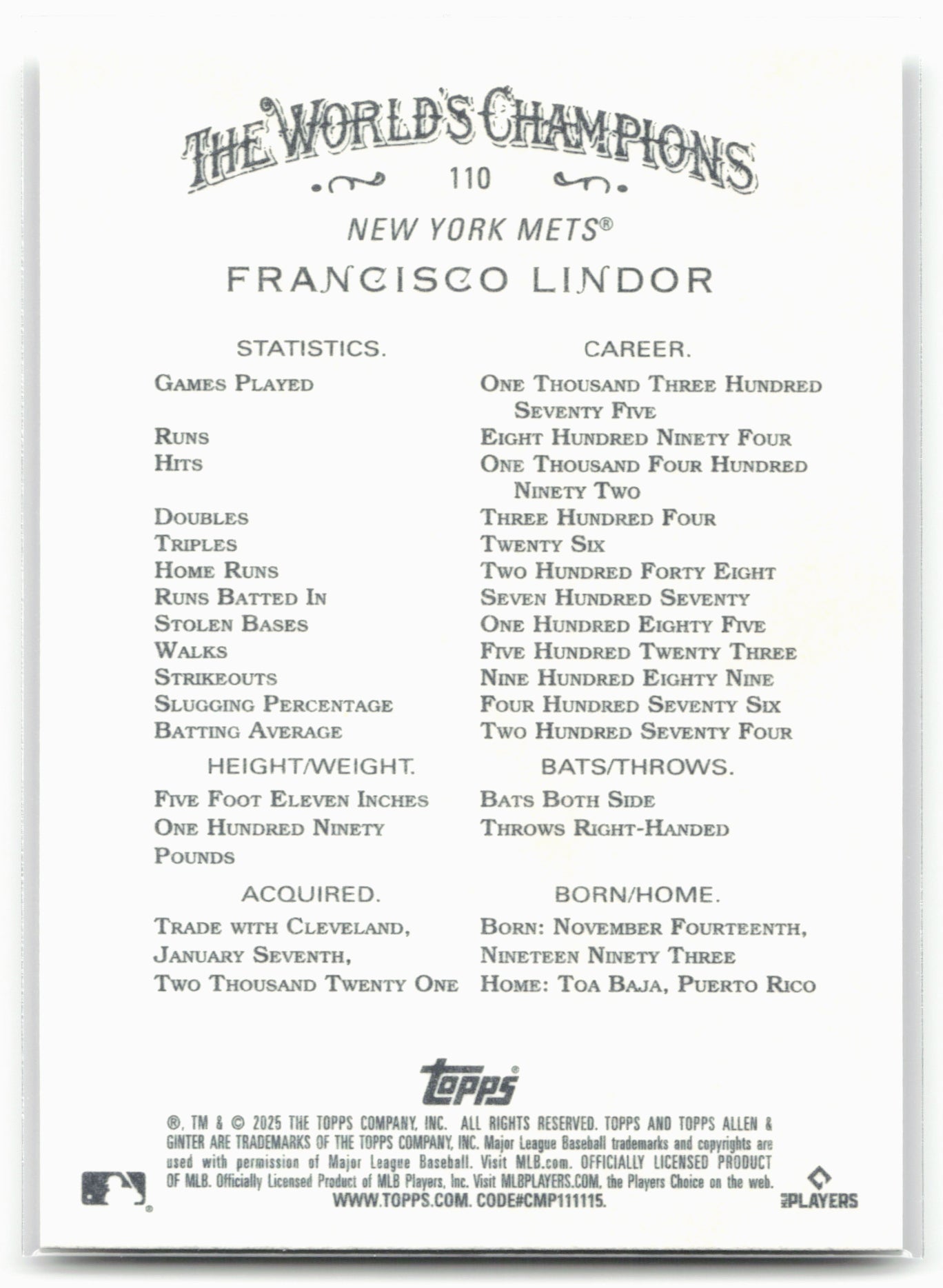 2025 Topps Allen & Ginter #110 Francisco Lindor