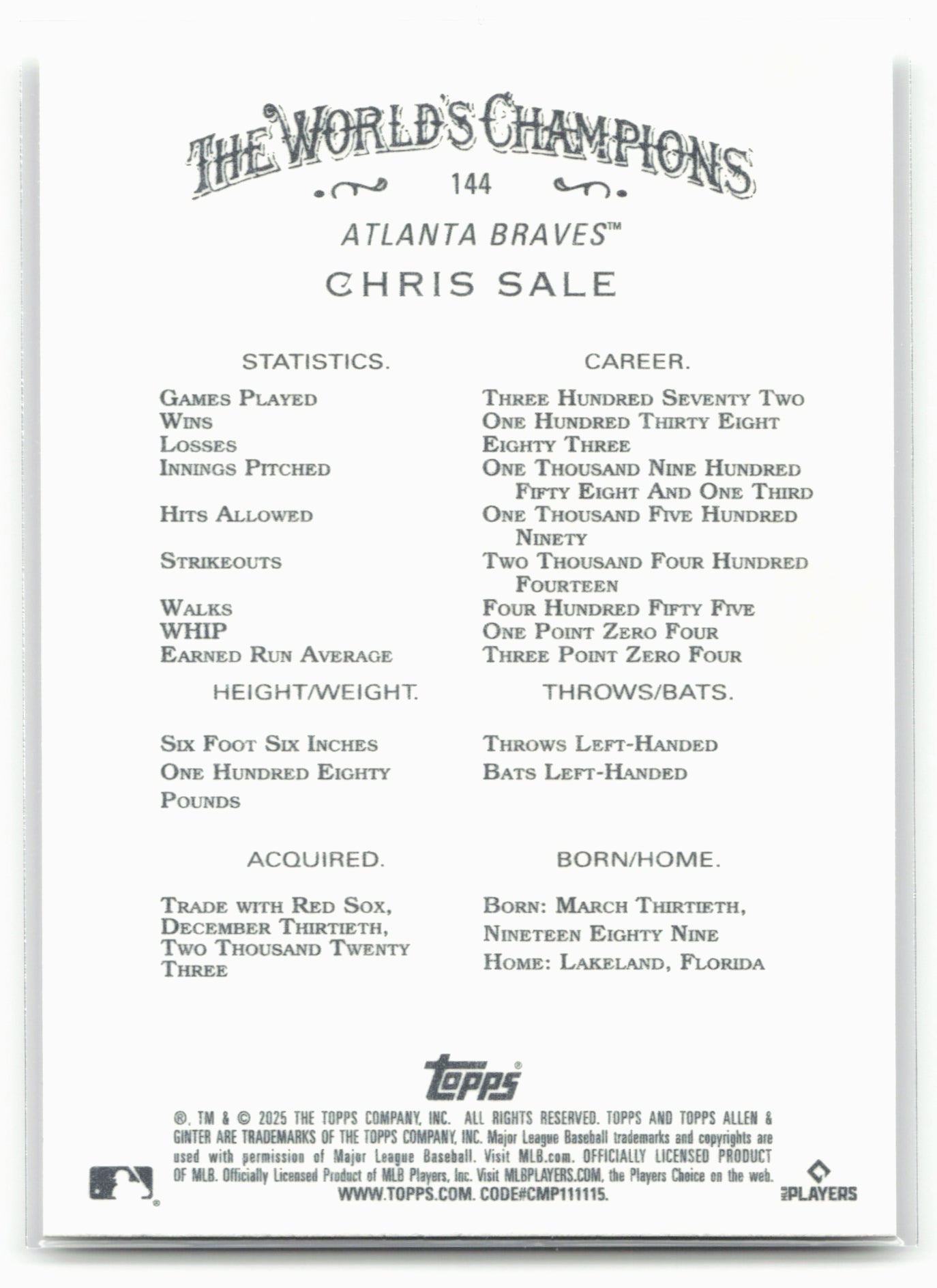 2025 Topps Allen & Ginter #144 Chris Sale