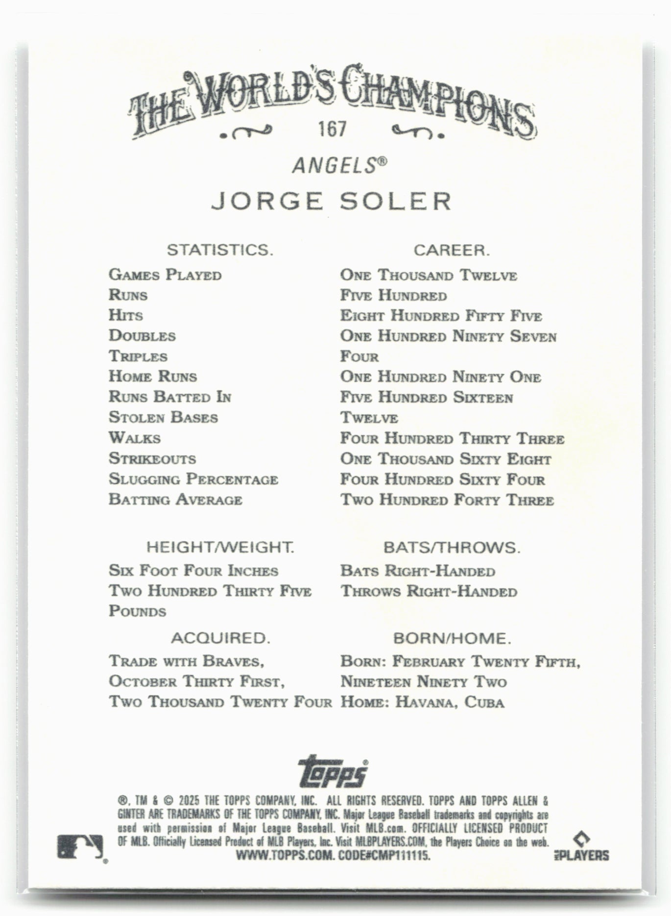 2025 Topps Allen & Ginter #167 Jorge Soler