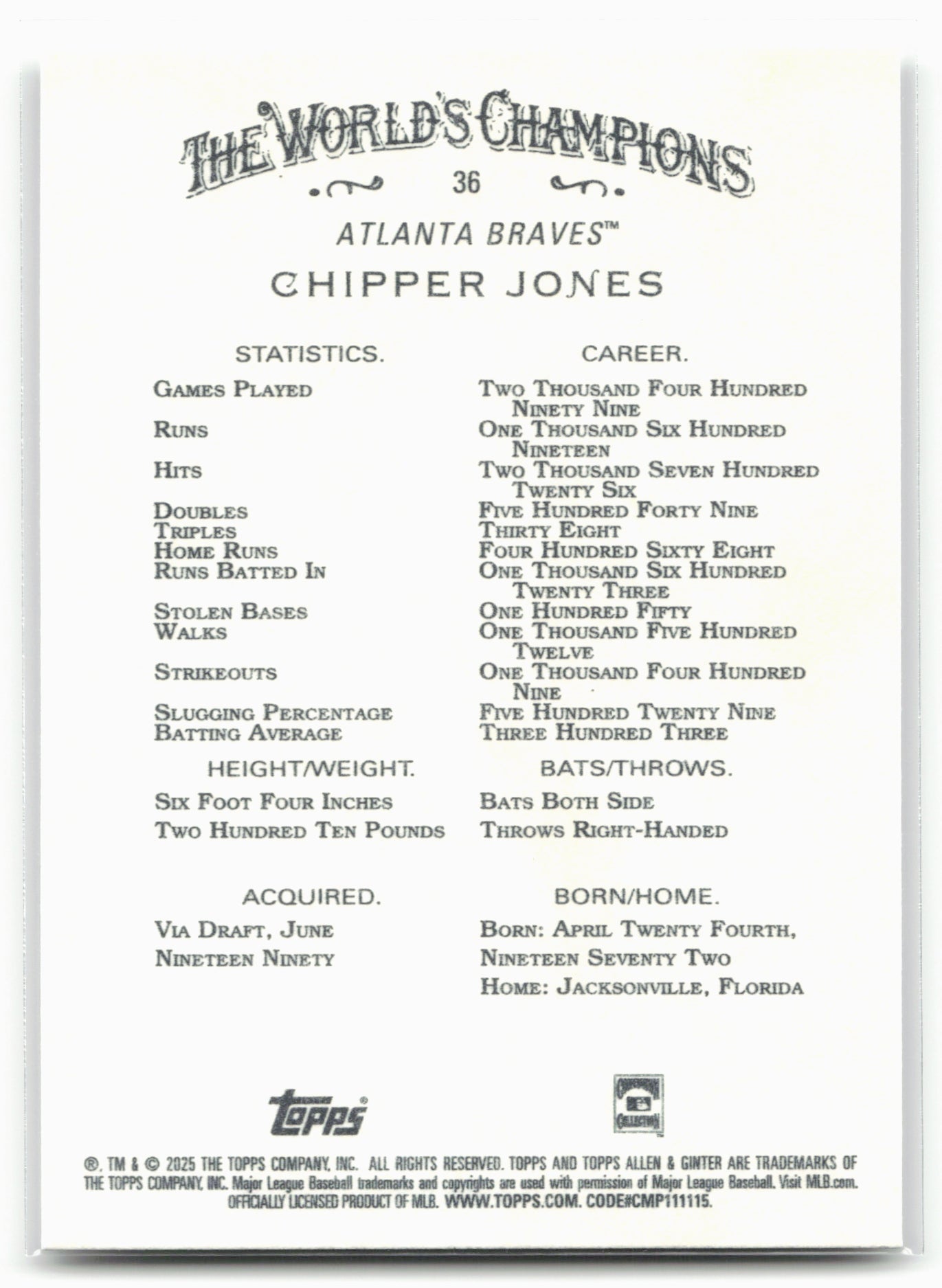 2025 Topps Allen & Ginter #36 Chipper Jones