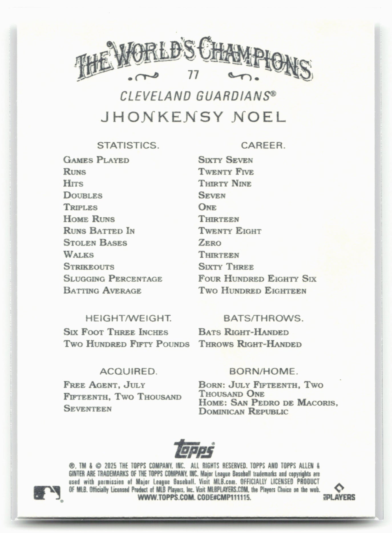 2025 Topps Allen & Ginter #77 Jhonkensy Noel
