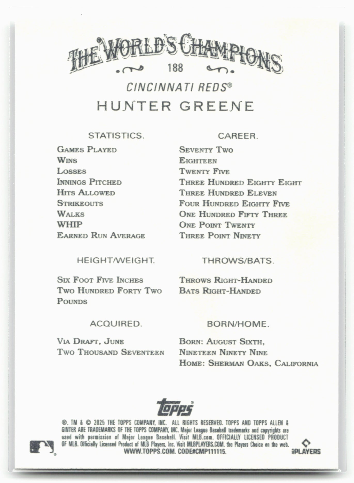 2025 Topps Allen & Ginter #188 Hunter Greene