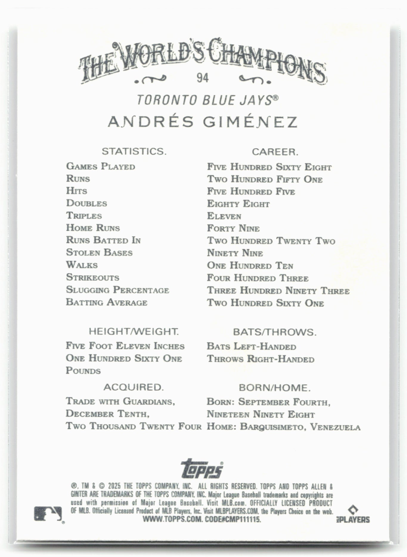 2025 Topps Allen & Ginter #94 Andrés Giménez