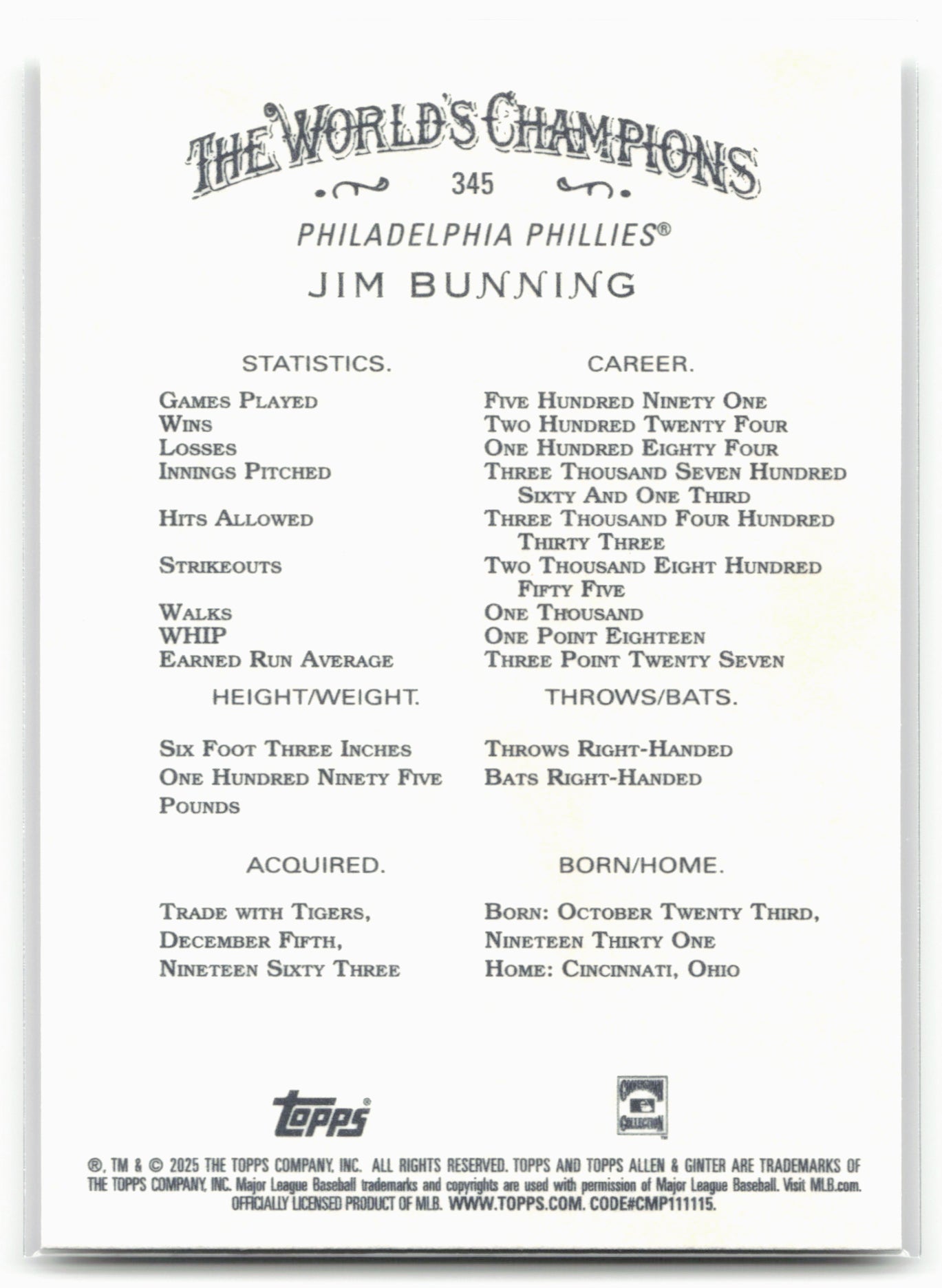 2025 Topps Allen & Ginter #345 Jim Bunning