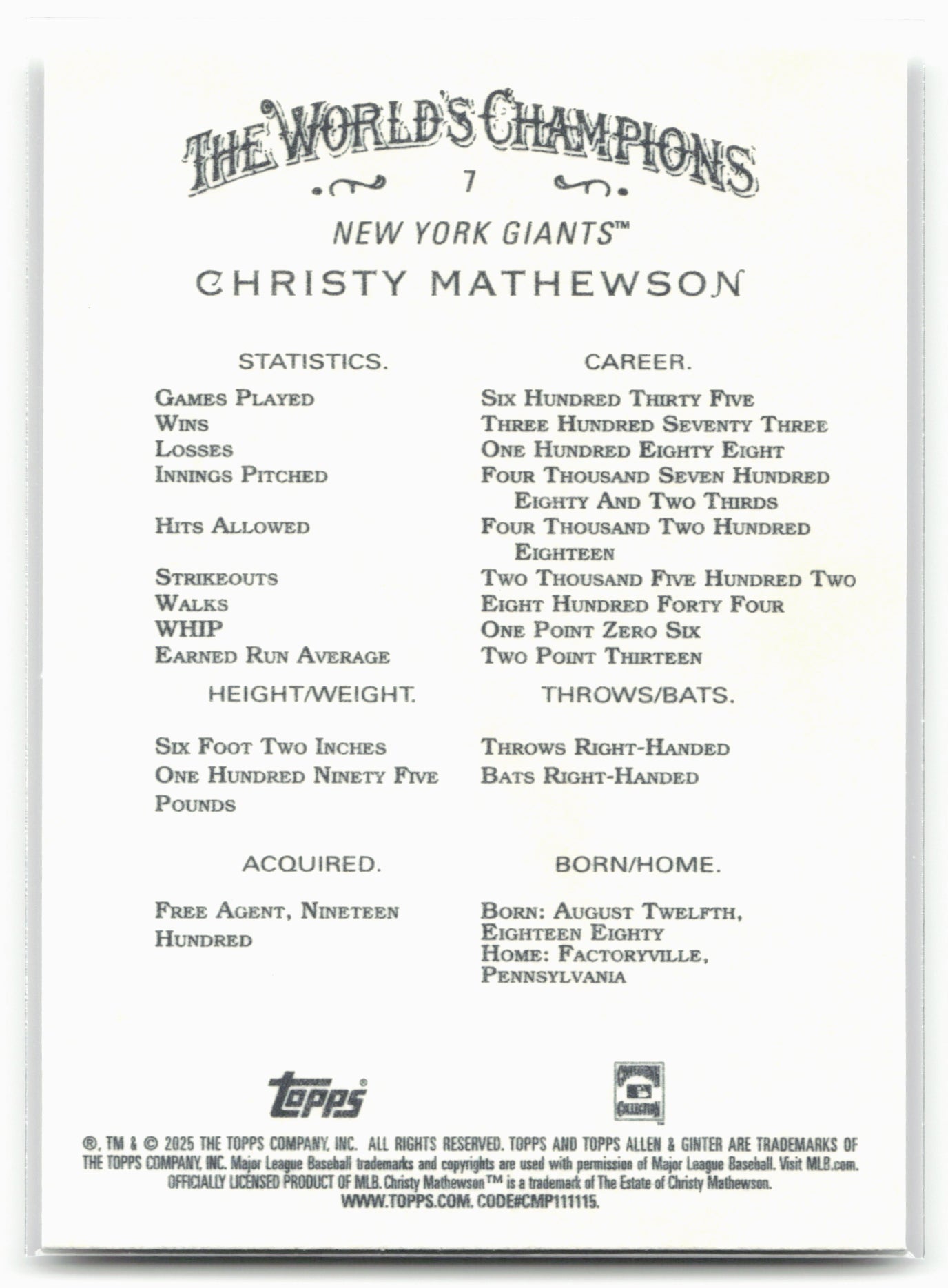 2025 Topps Allen & Ginter #7 Christy Mathewson