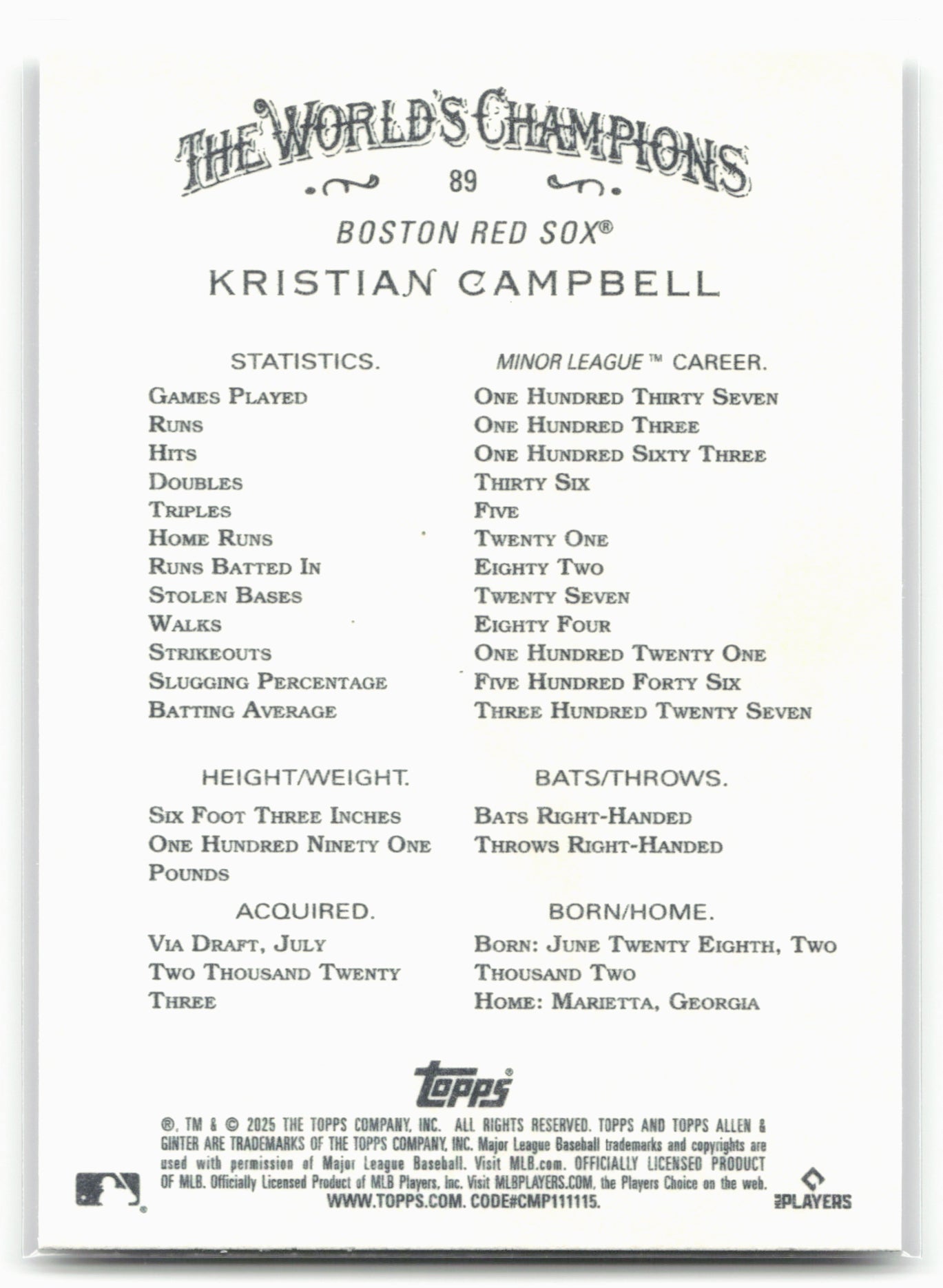 2025 Topps Allen & Ginter #89 Kristian Campbell