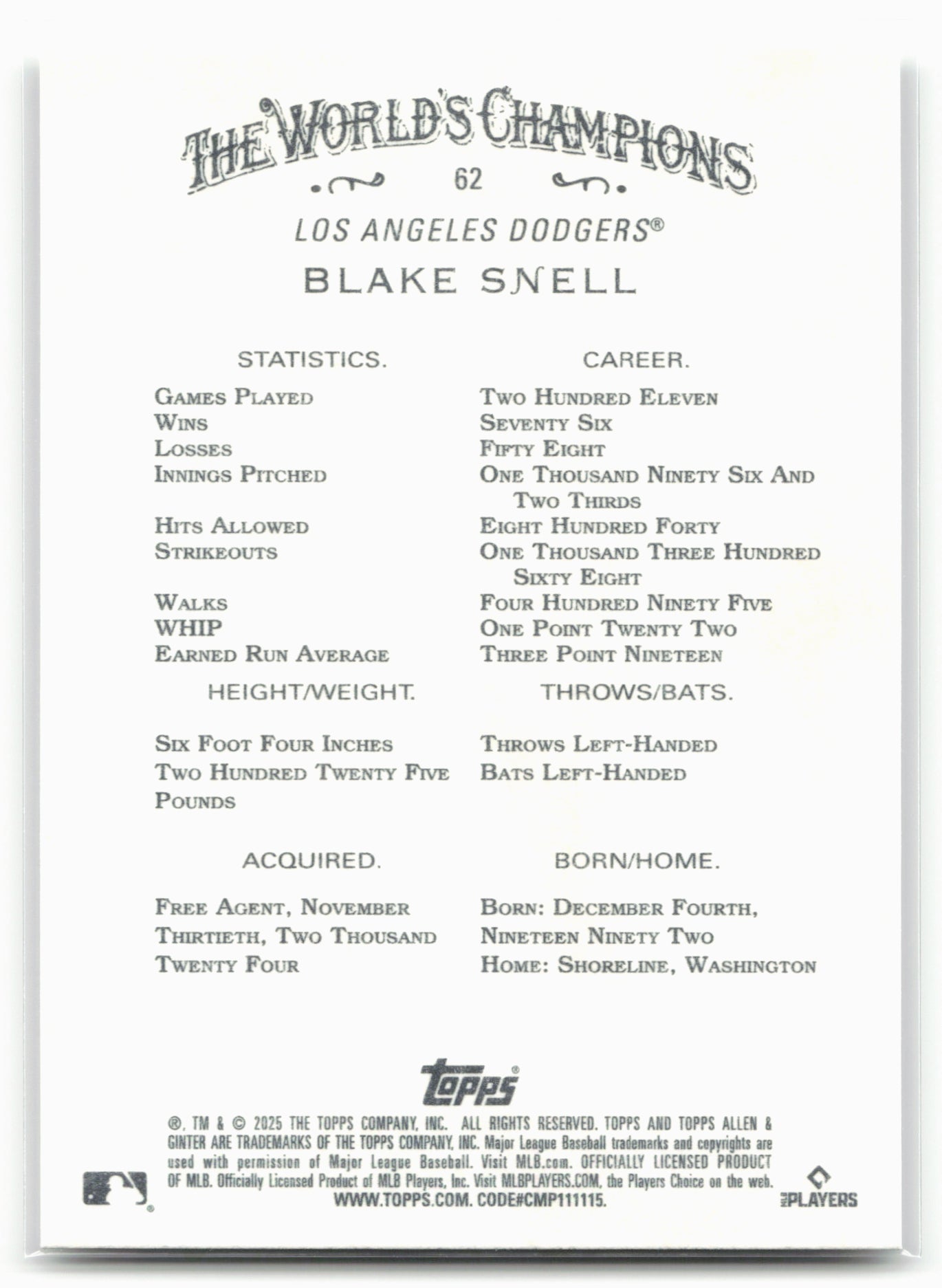 2025 Topps Allen & Ginter #62 Blake Snell