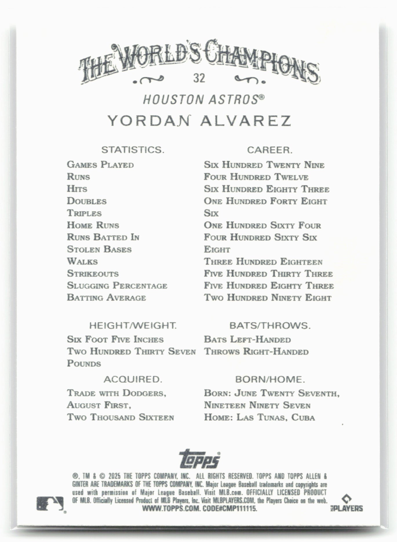 2025 Topps Allen & Ginter #32 Yordan Alvarez