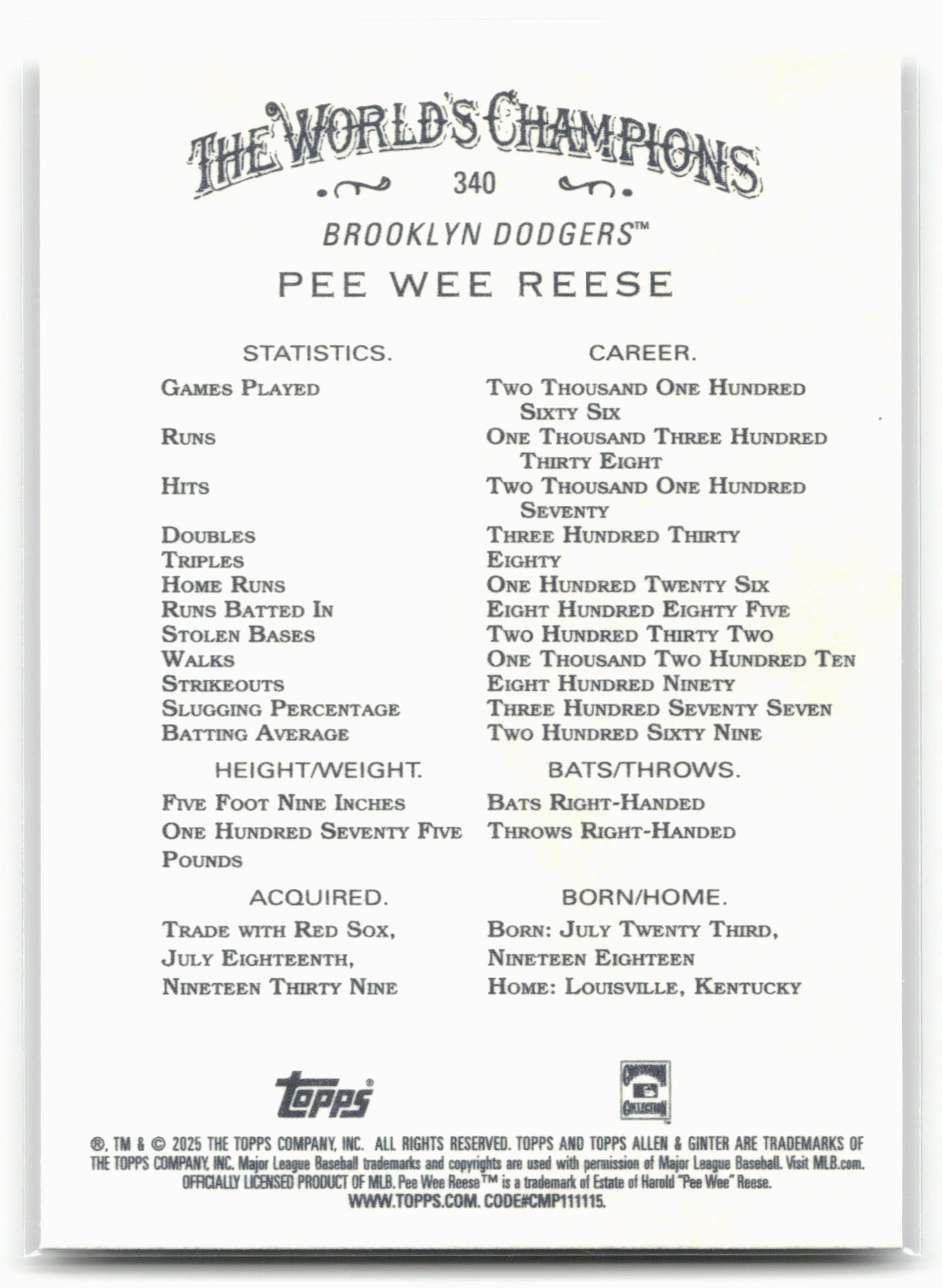 2025 Topps Allen & Ginter #340 Pee Wee Reese