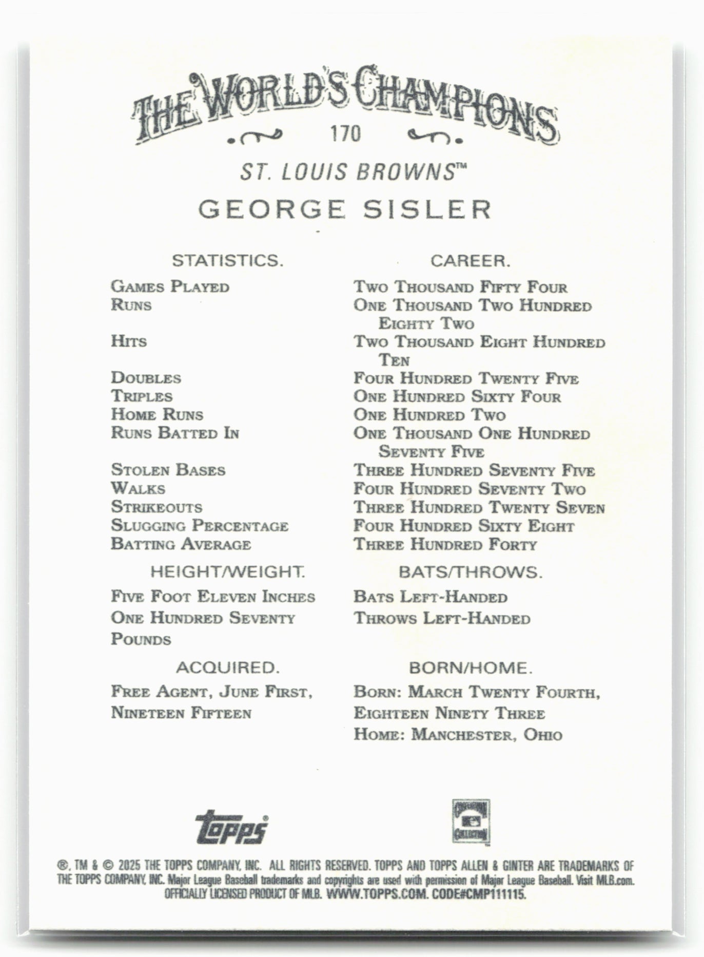 2025 Topps Allen & Ginter #170 George Sisler