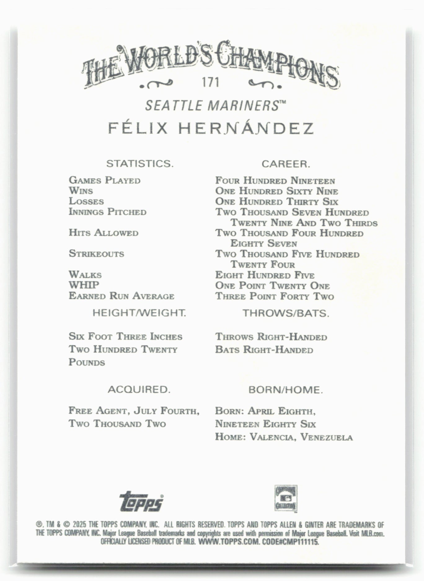 2025 Topps Allen & Ginter #171 Félix Hernández