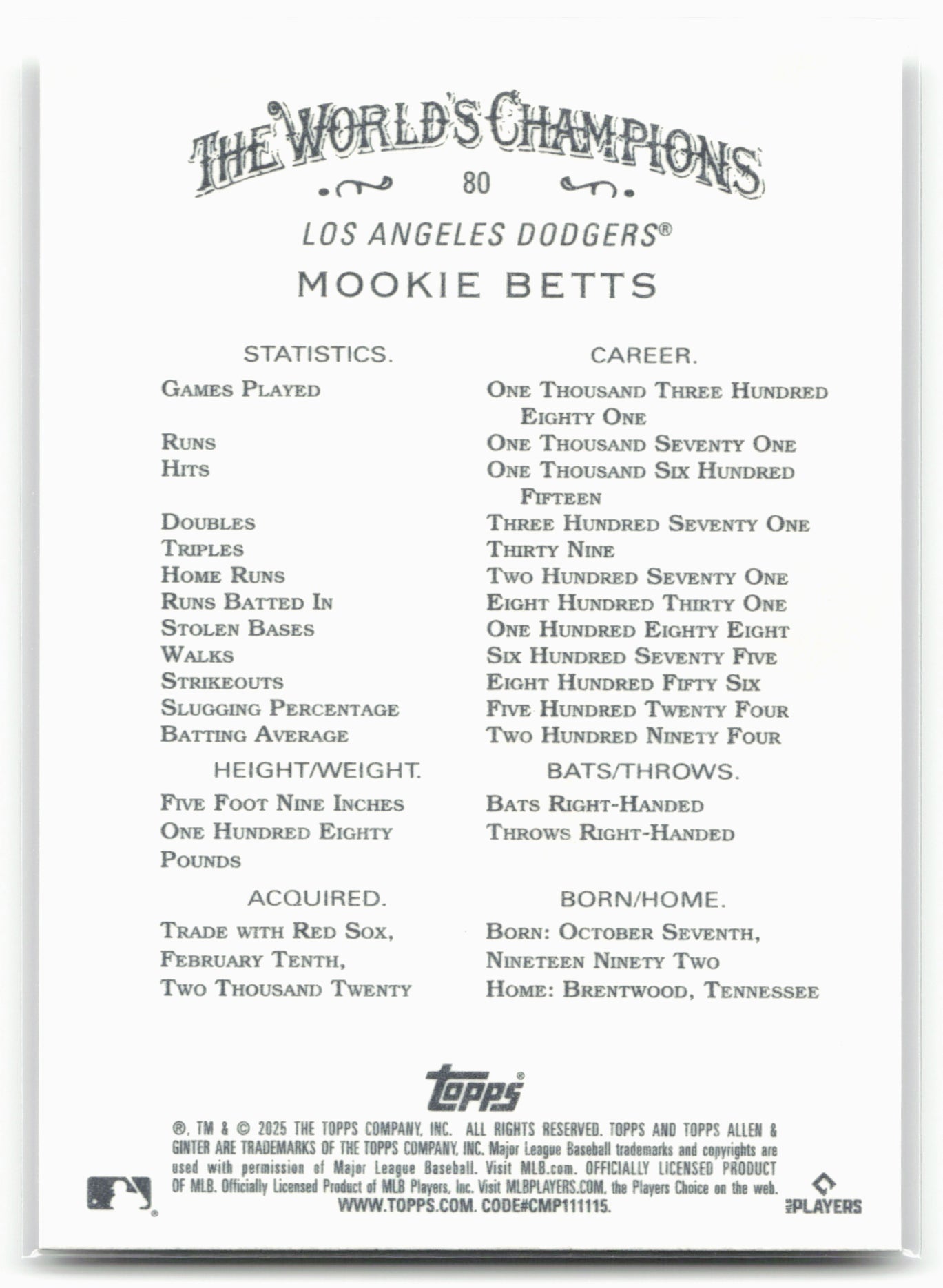 2025 Topps Allen & Ginter #80 Mookie Betts