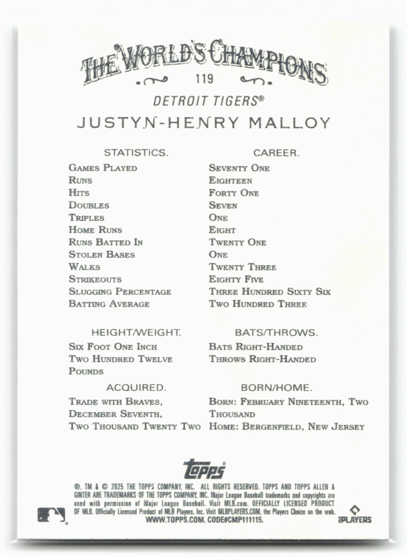 2025 Topps Allen & Ginter #119 Justyn-Henry Malloy