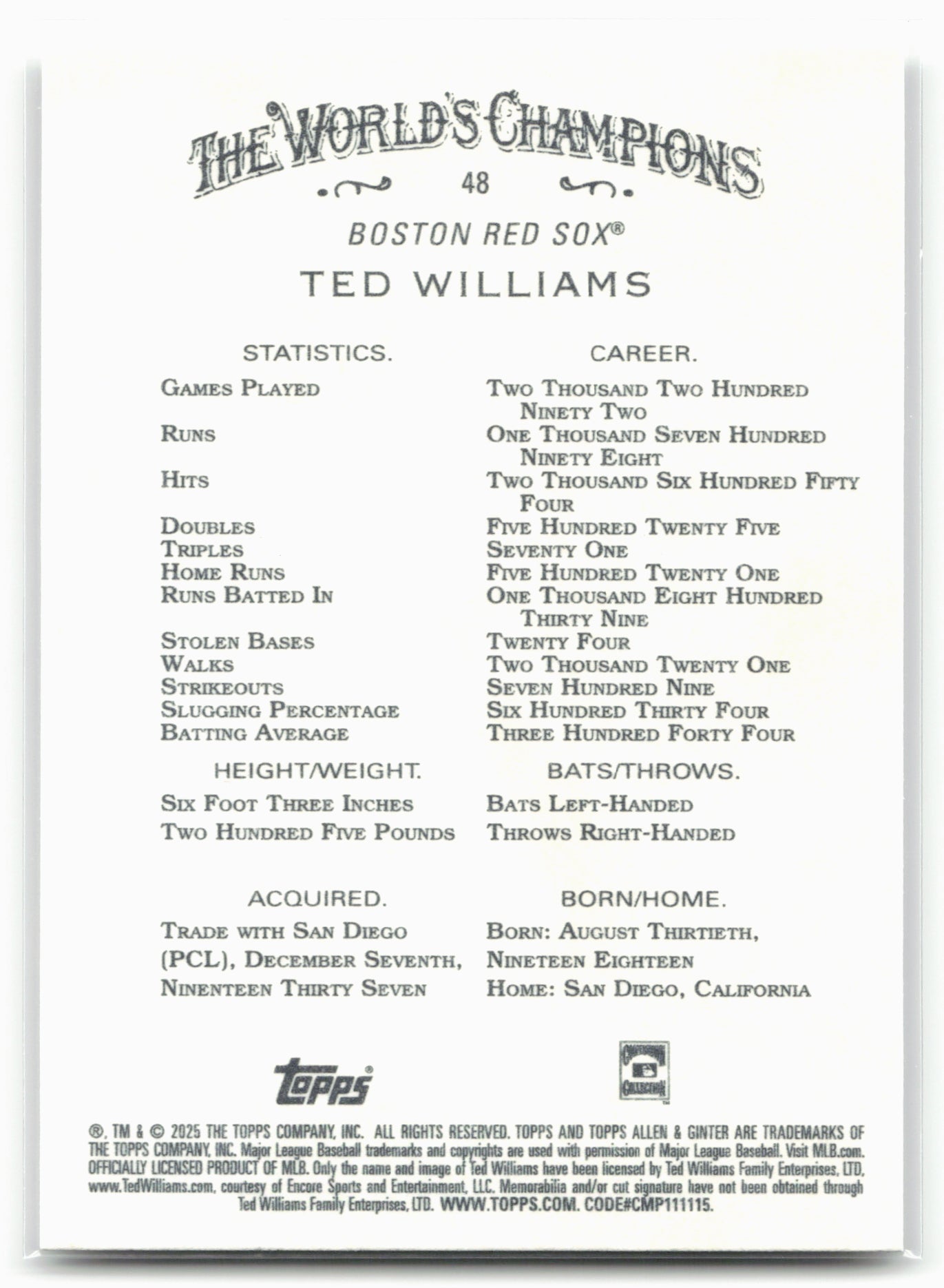 2025 Topps Allen & Ginter #48 Ted Williams