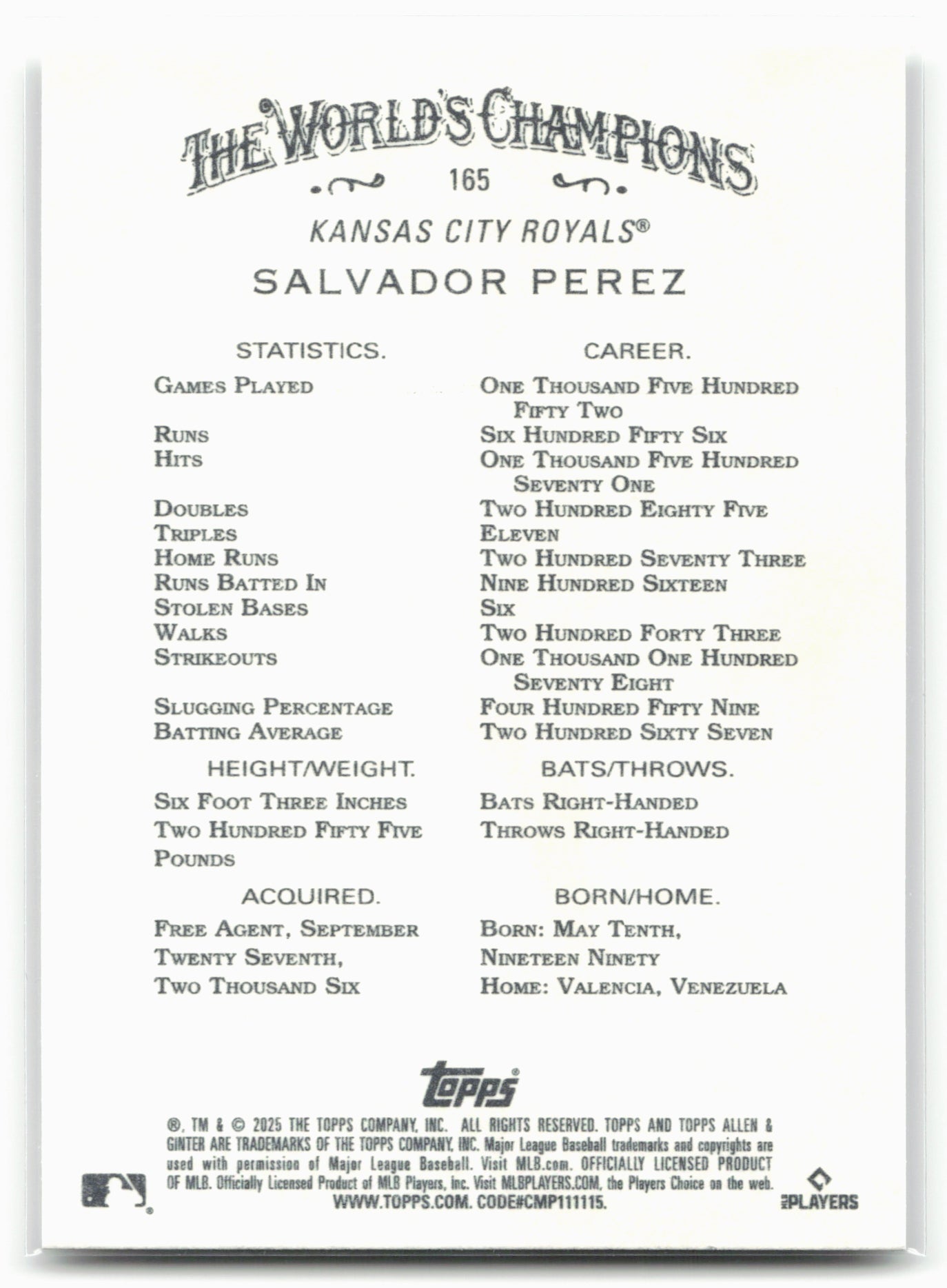 2025 Topps Allen & Ginter #165 Salvador Perez