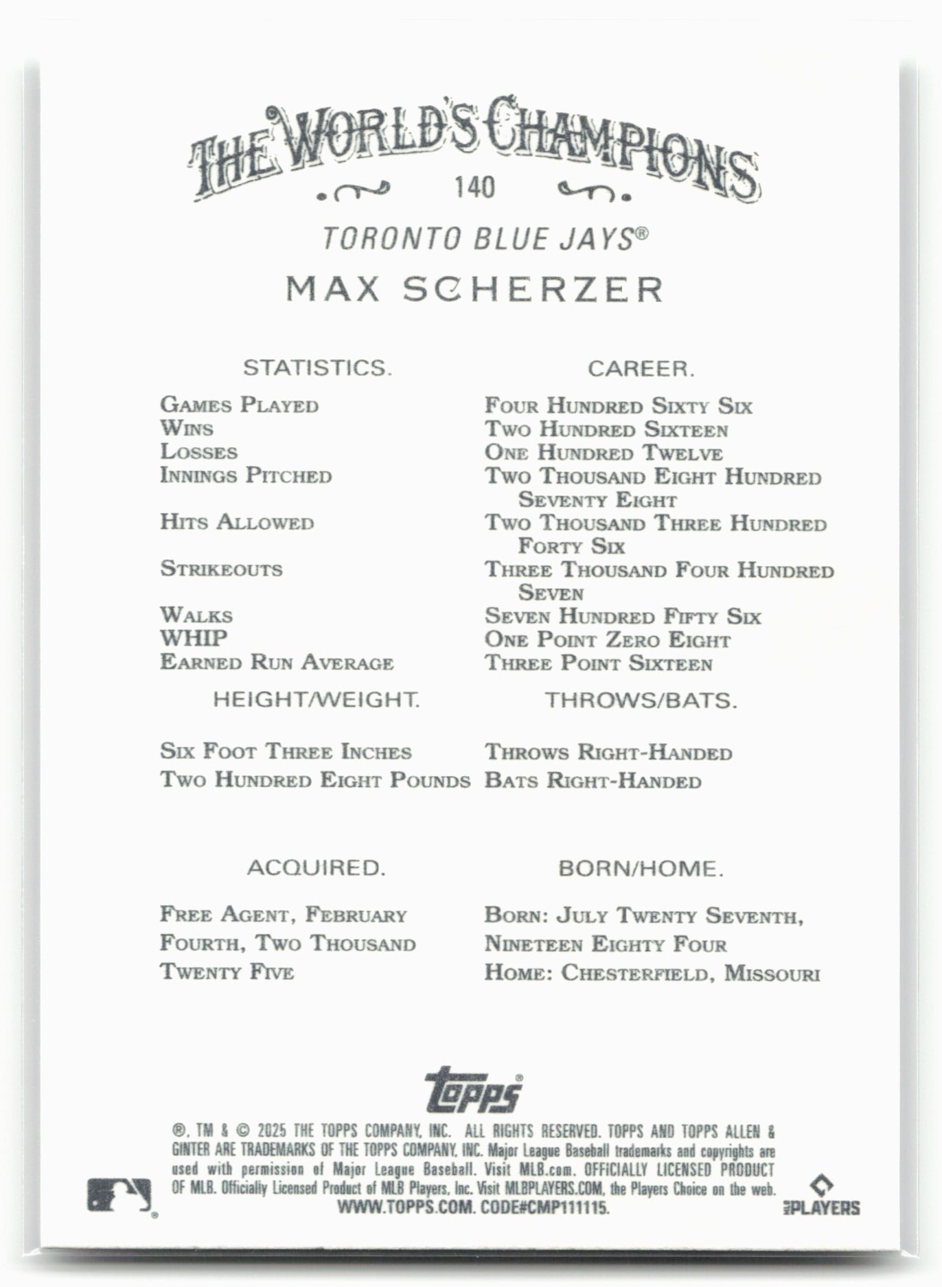 2025 Topps Allen & Ginter #140 Max Scherzer