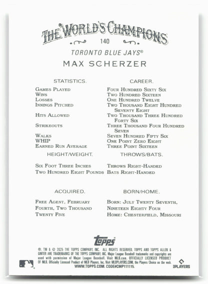 2025 Topps Allen & Ginter #140 Max Scherzer