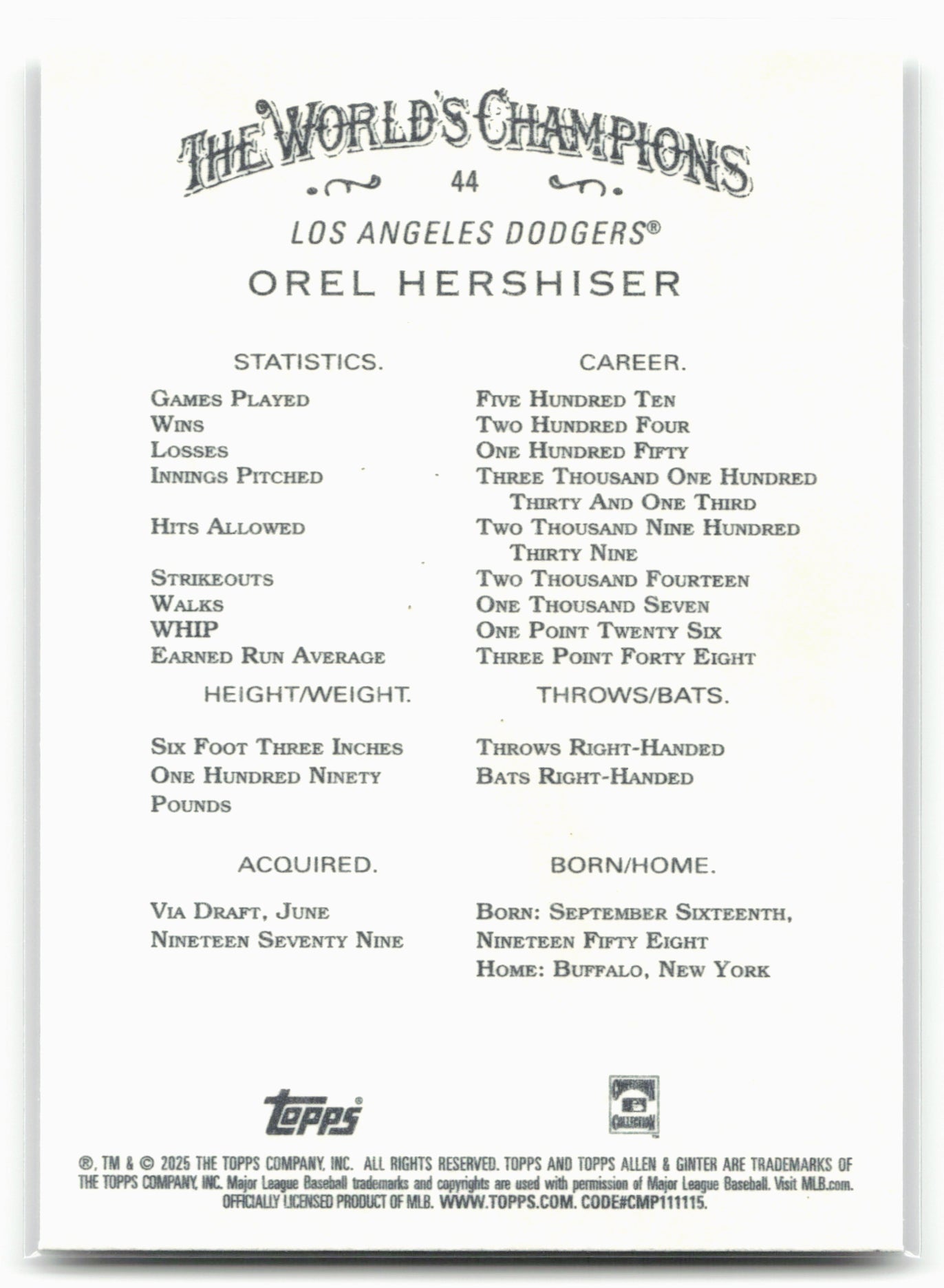 2025 Topps Allen & Ginter #44 Orel Hershiser